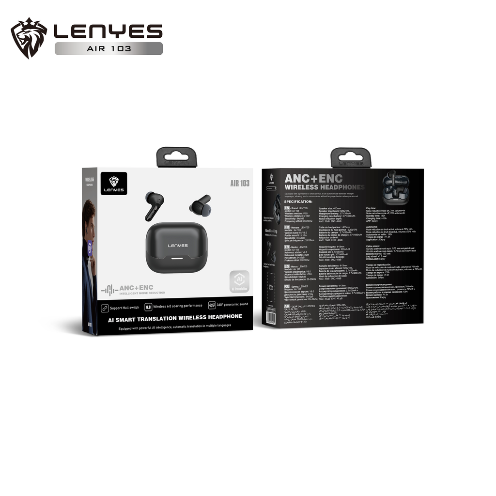 LENYES AIR 103 BLACK Auriculares Bluetooth 5.4 TWS con Cancelación de Ruido ANC+ENC 28dB - Sonido 360°