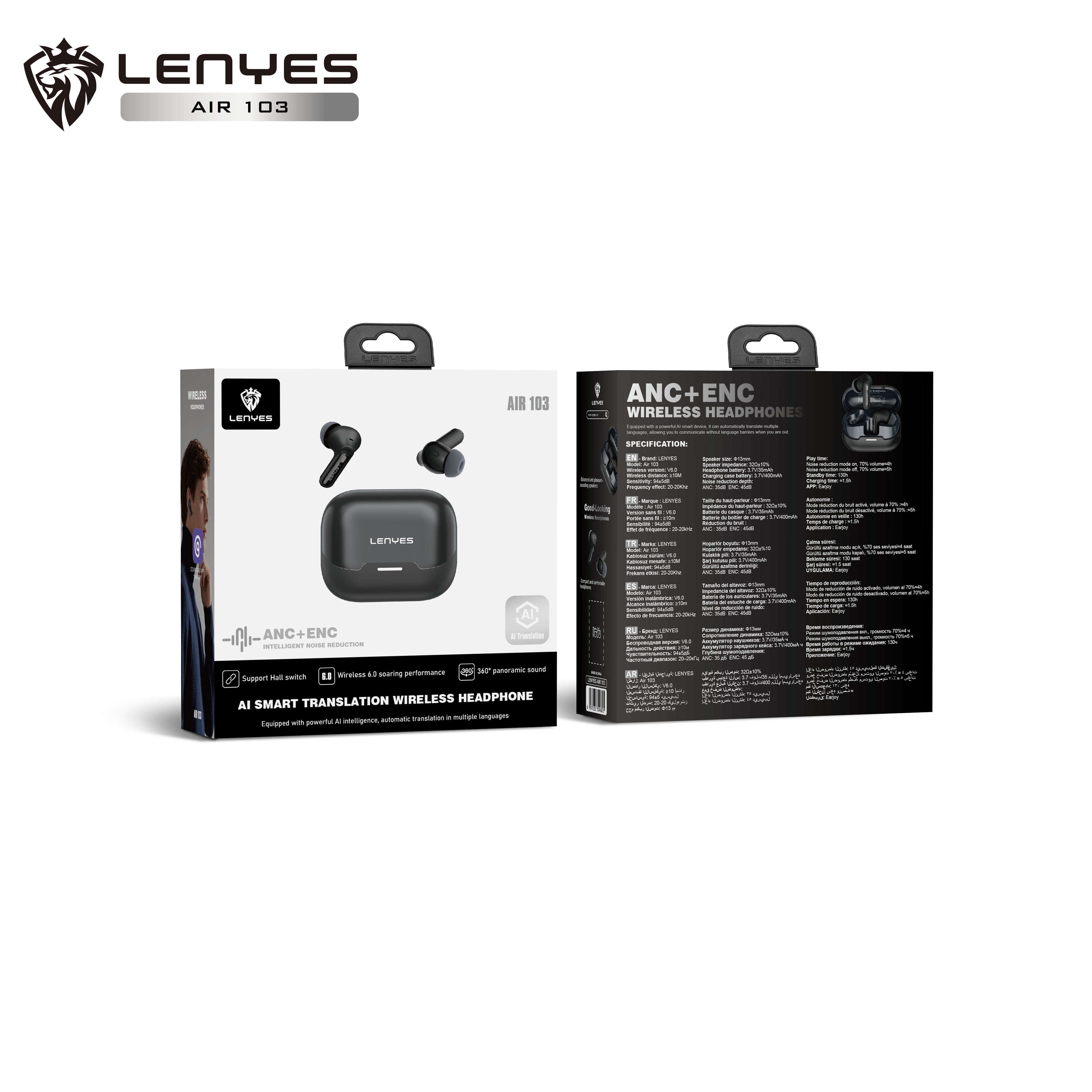 LENYES AIR 103 BLACK Auriculares Bluetooth 5.4 TWS con Cancelación de Ruido ANC+ENC 28dB - Sonido 360°
