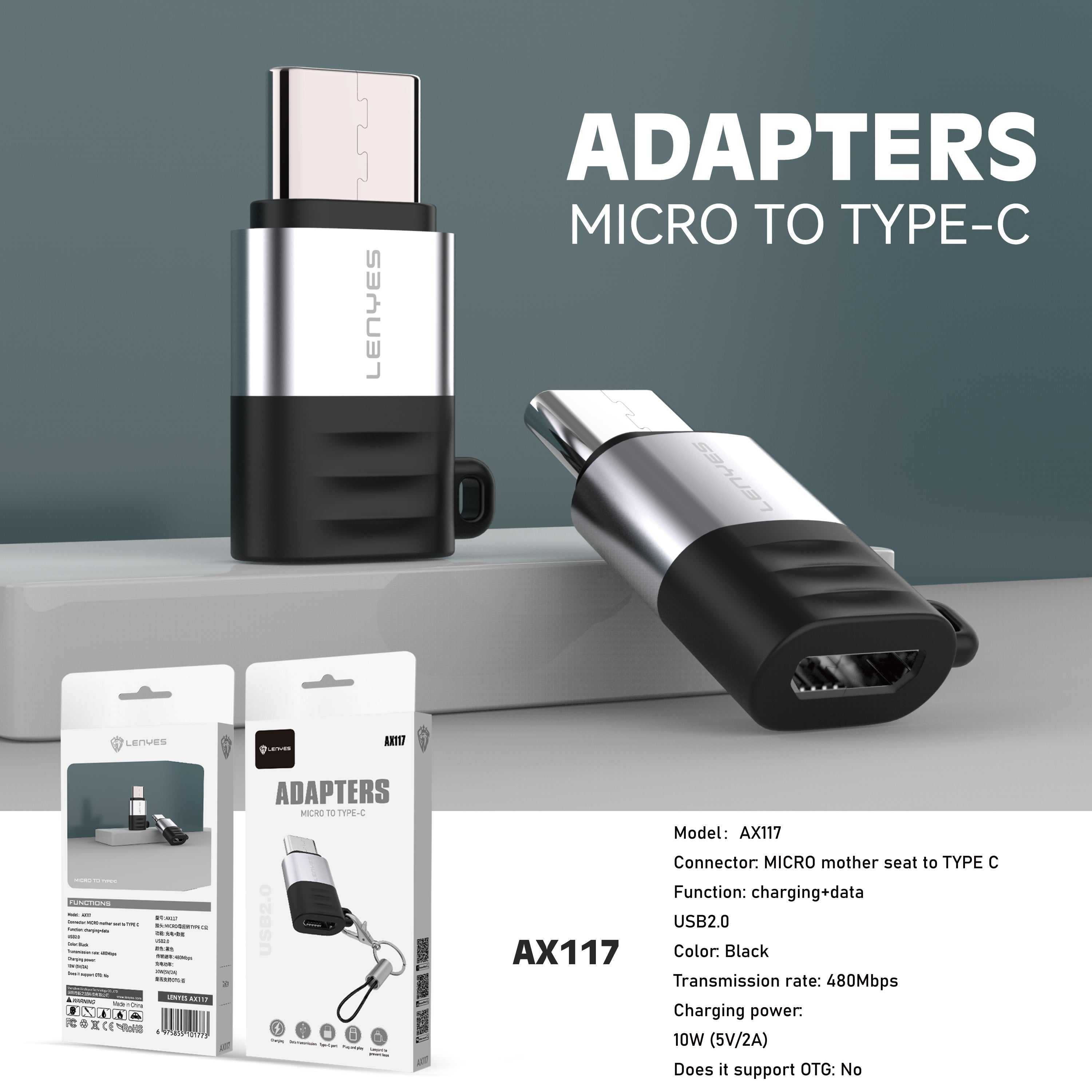 AX117 Adaptador Micro USB/V8 a Tipo-C -Lenyes