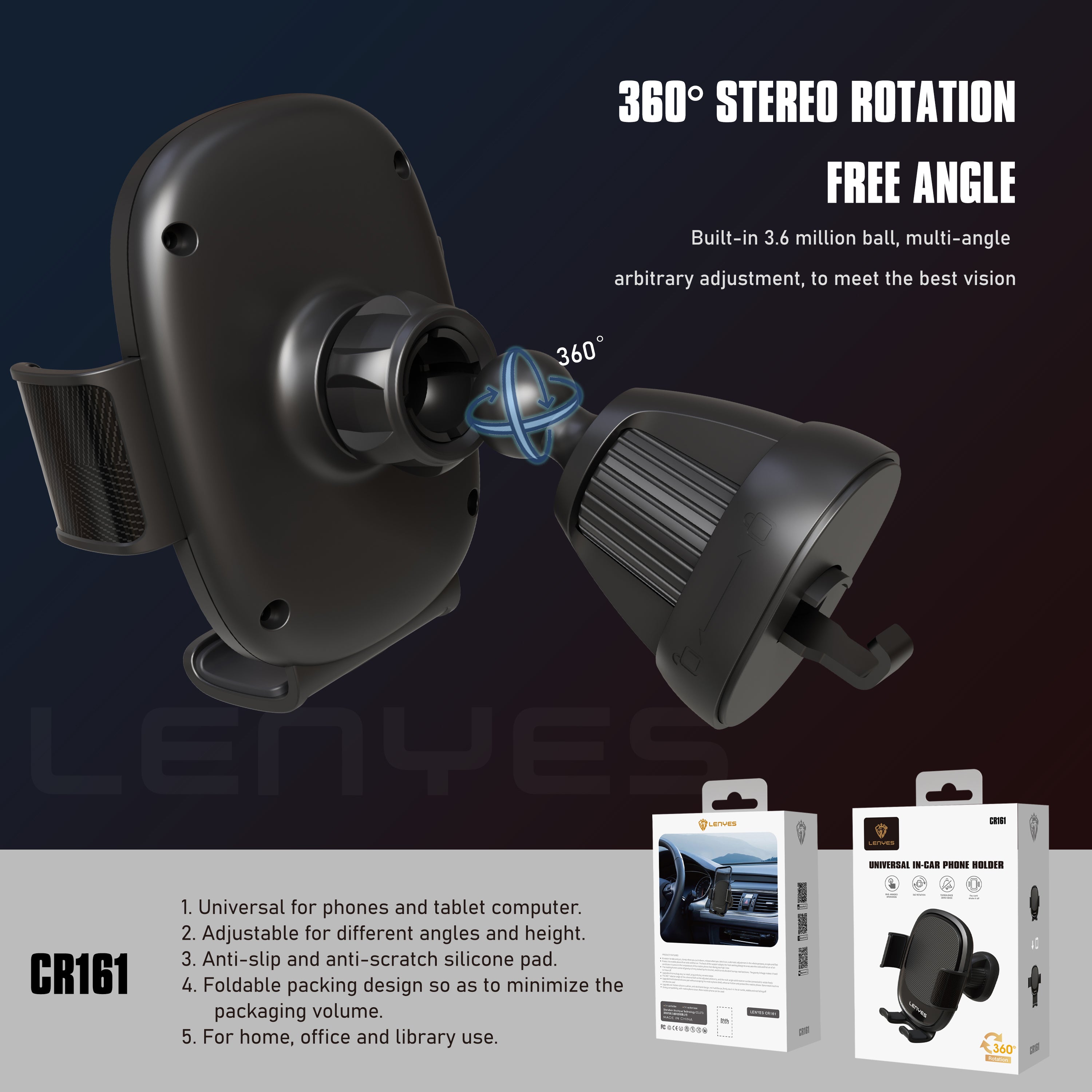 LENYES CR161 Soporte Coche Gravedad Rejilla Triángulo Dorado 360° Negro