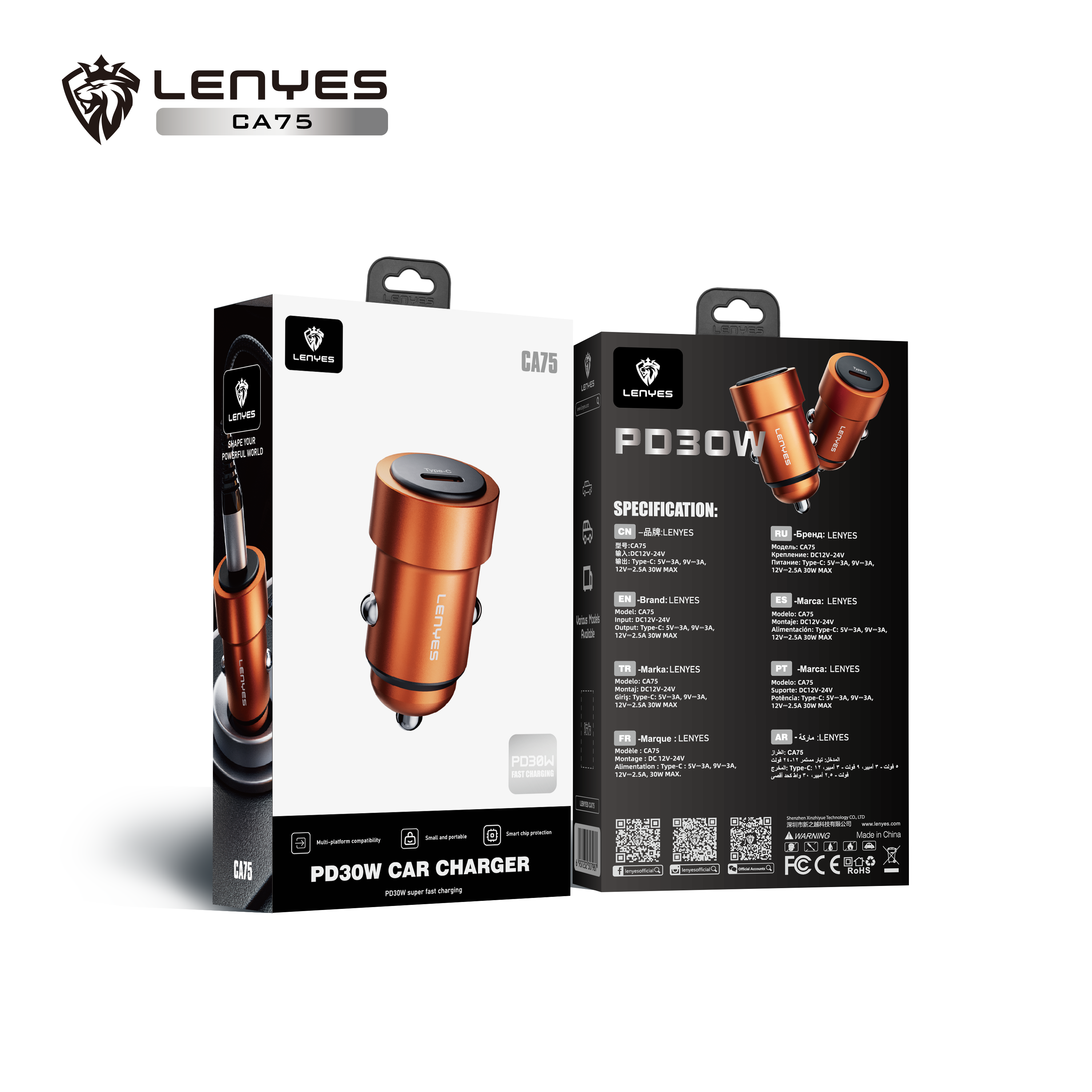 LENYES CA75 Cargador Coche PD30W USB-C 5V/3A 9V/3A 12V/2.5A Naranja