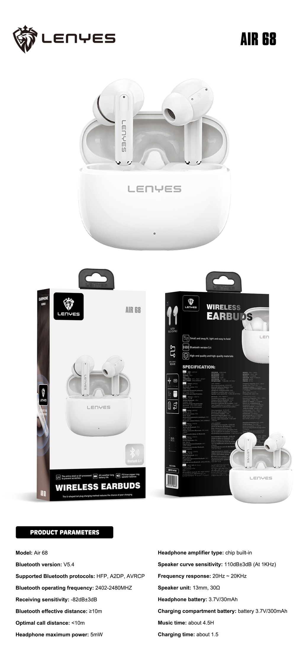 LENYES Air 68 WHITE Auriculares Bluetooth 5.4 TWS con Control Táctil - Diseño Compacto y Ligero