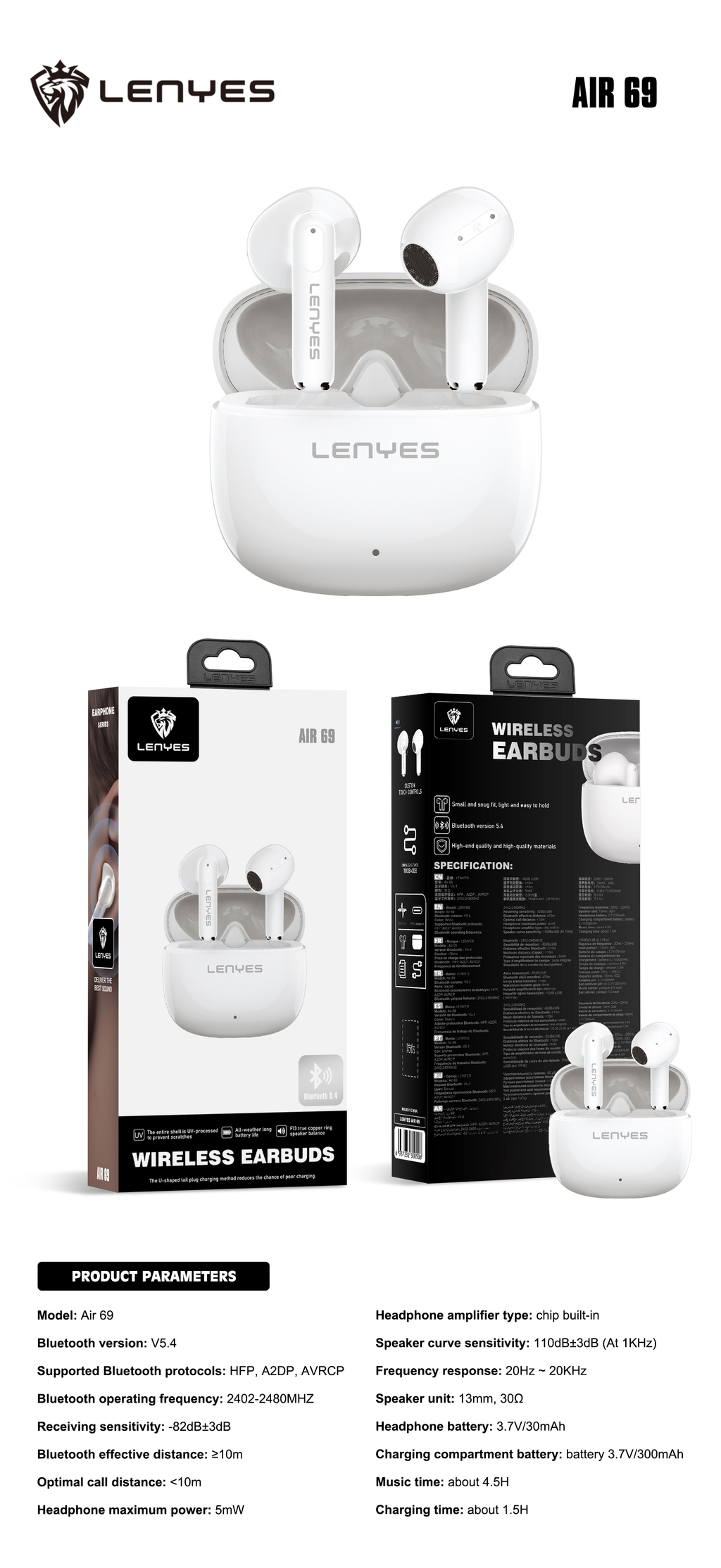 LENYES Air 69 WHITE Auriculares Bluetooth 5.4 TWS con Carga Magnética - Control Táctil y Hi-Res Audio