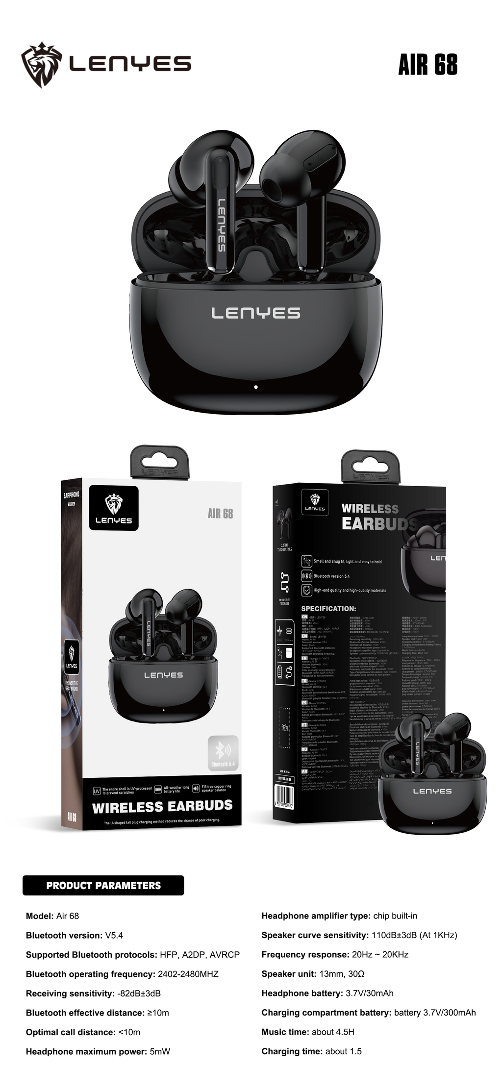 LENYES Air 68 BLACK Auriculares Bluetooth 5.4 TWS con Control Táctil - Diseño Compacto y Ligero
