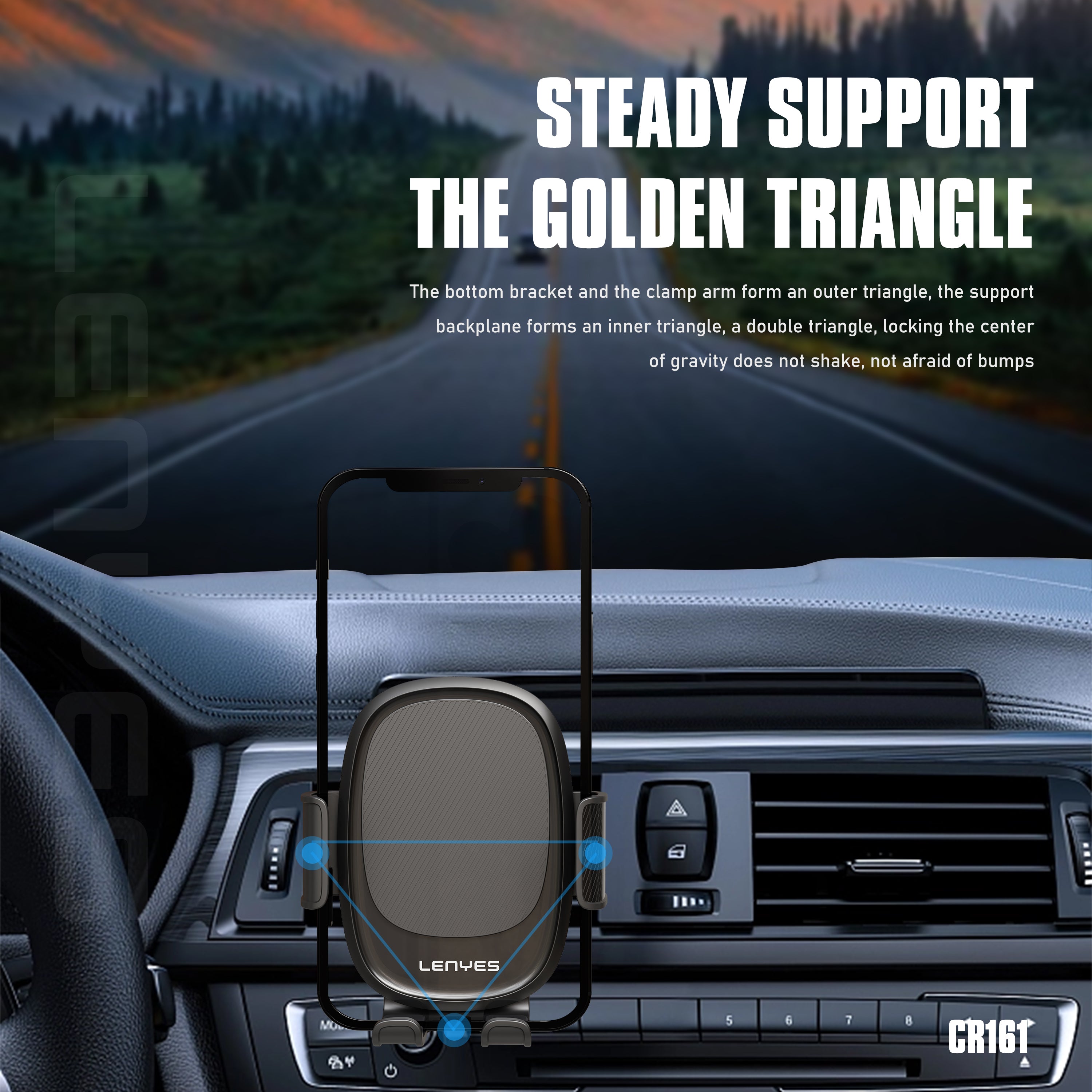 LENYES CR161 Soporte Coche Gravedad Rejilla Triángulo Dorado 360° Negro