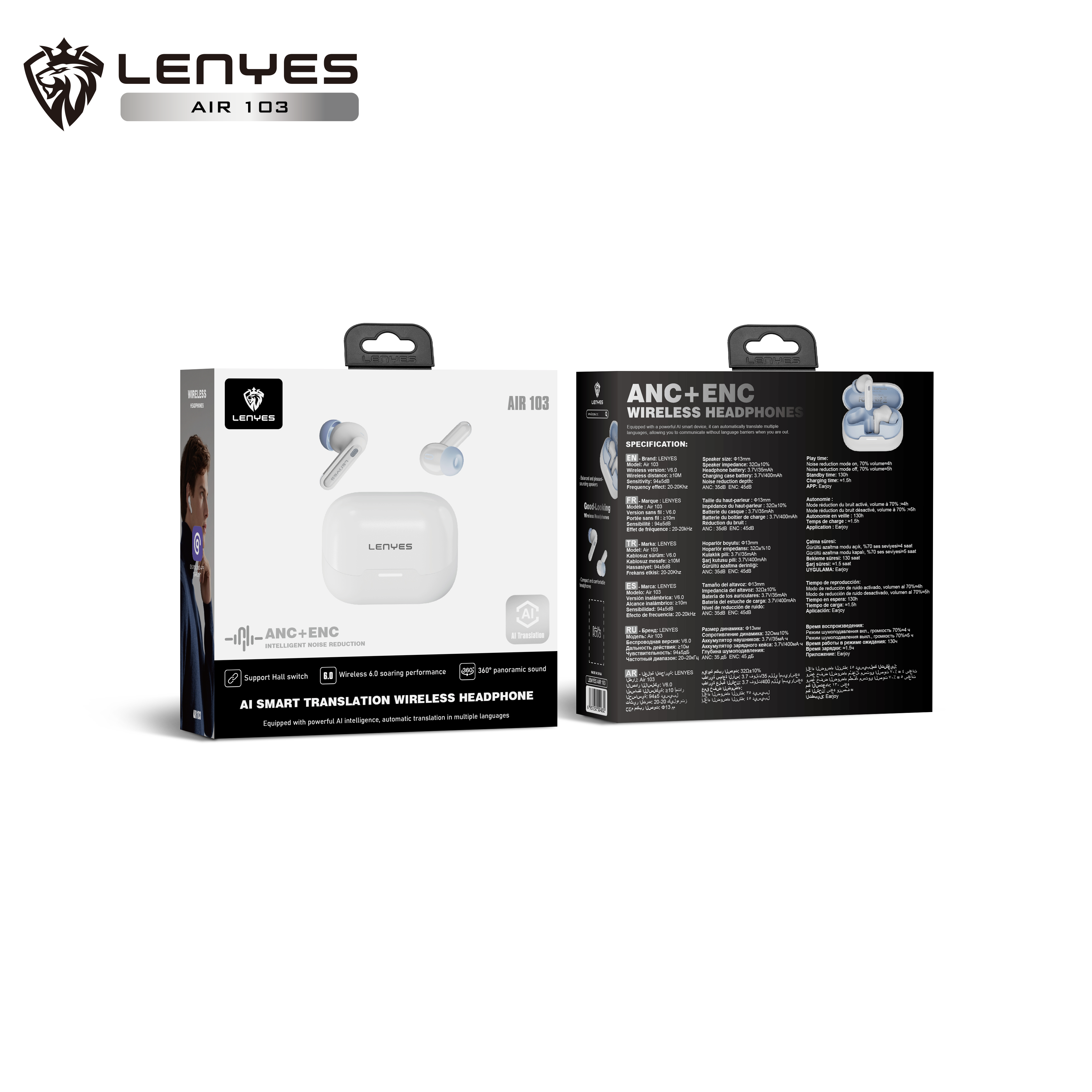 LENYES AIR 103 WHITE Auriculares Bluetooth 5.4 TWS con Cancelación de Ruido ANC+ENC 28dB - Sonido 360°