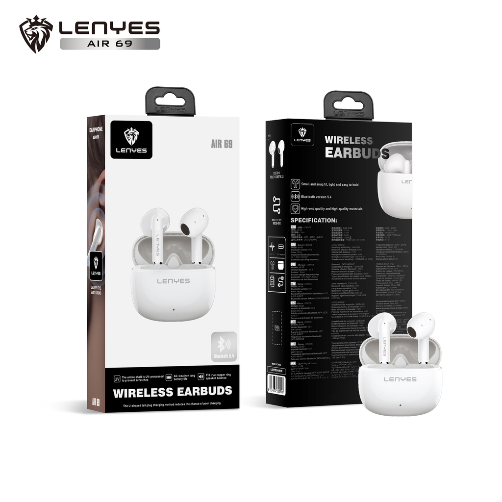 LENYES Air 69 WHITE Auriculares Bluetooth 5.4 TWS con Carga Magnética - Control Táctil y Hi-Res Audio