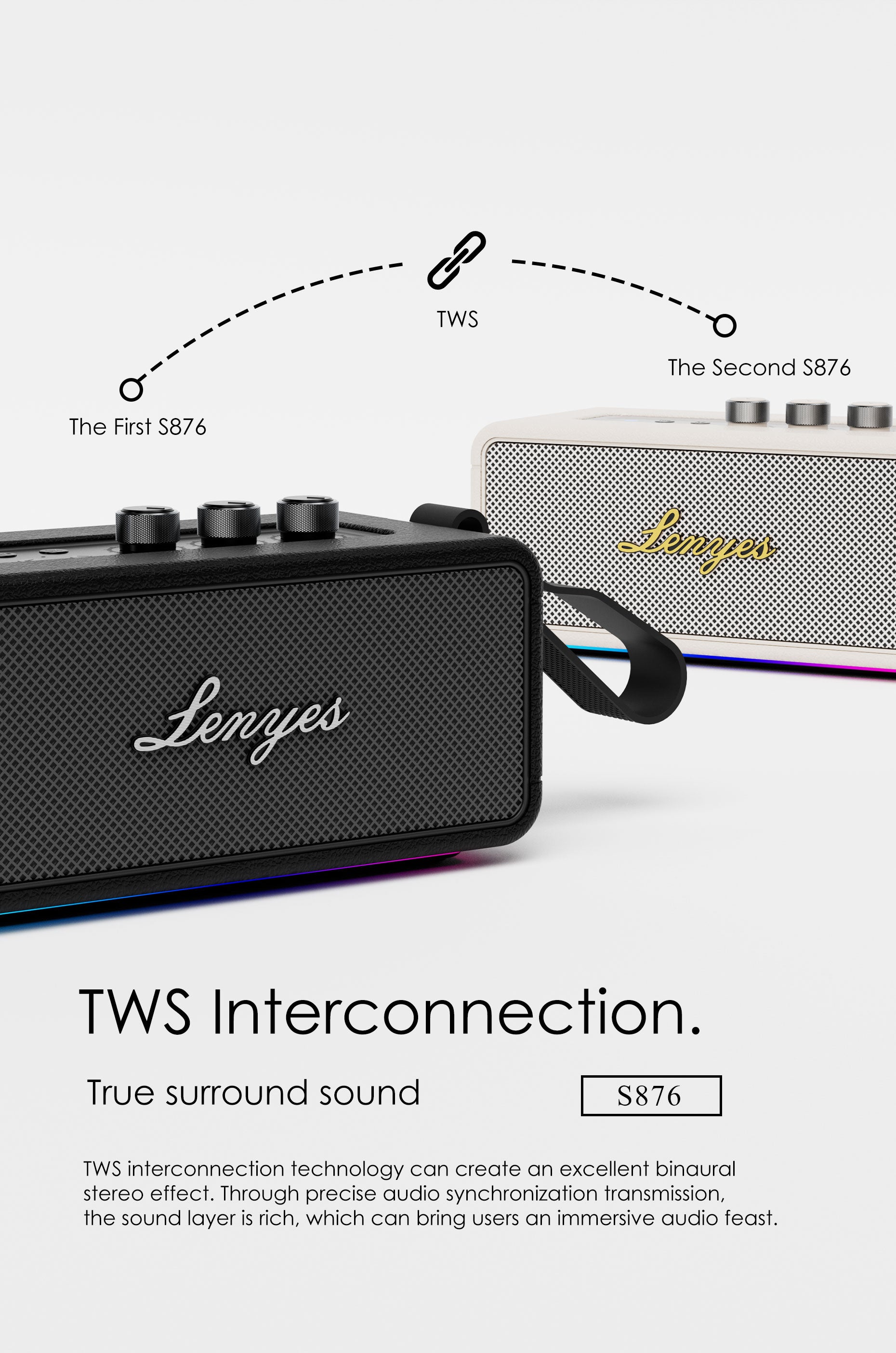 LENYES S876 Altavoz Bluetooth Inalámbrico IPX6 TWS Alta Fidelidad Blanco