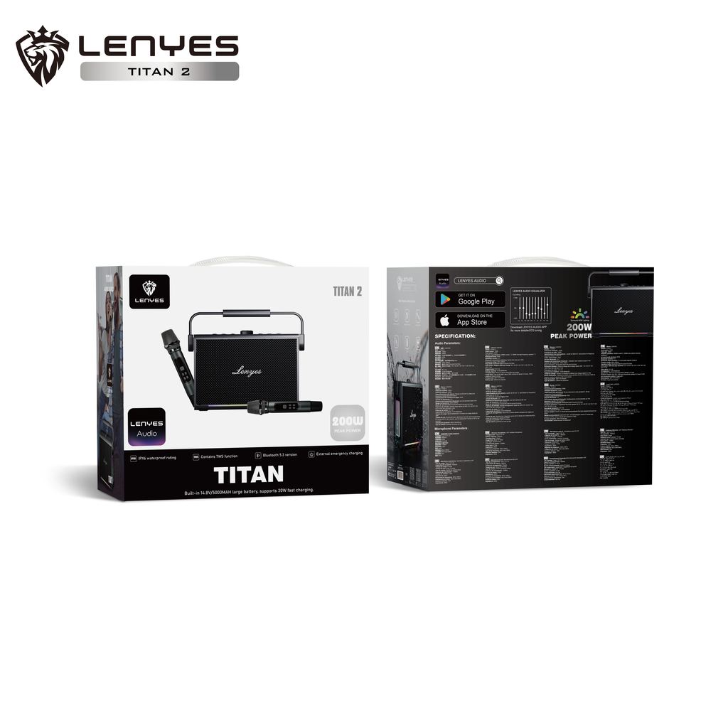 LENYES TITAN 2 Altavoz Karaoke Profesional 200W IPX6 TWS + 2 Micrófonos + Luces RGB
