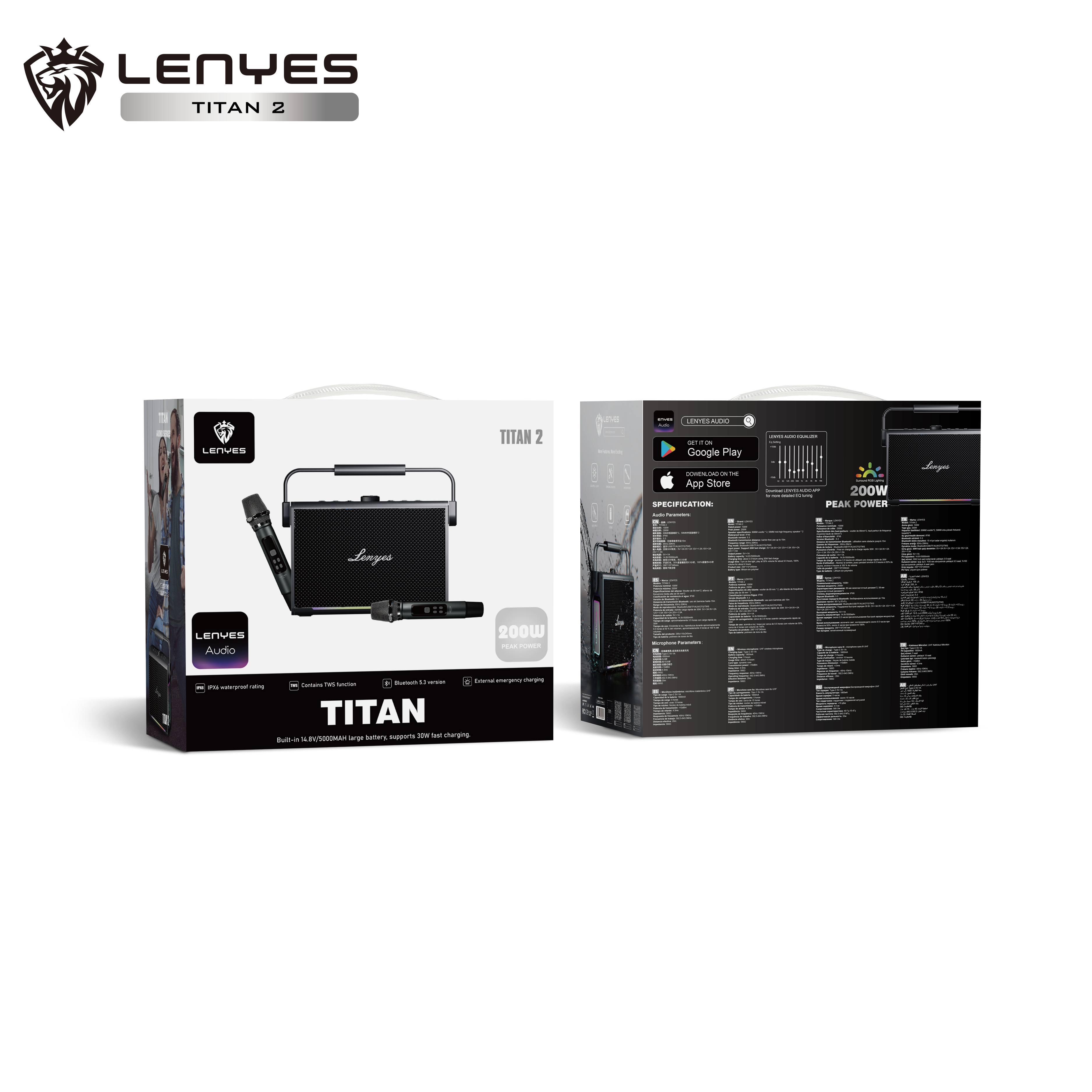 LENYES TITAN 2 Altavoz Karaoke Profesional 200W IPX6 TWS + 2 Micrófonos + Luces RGB