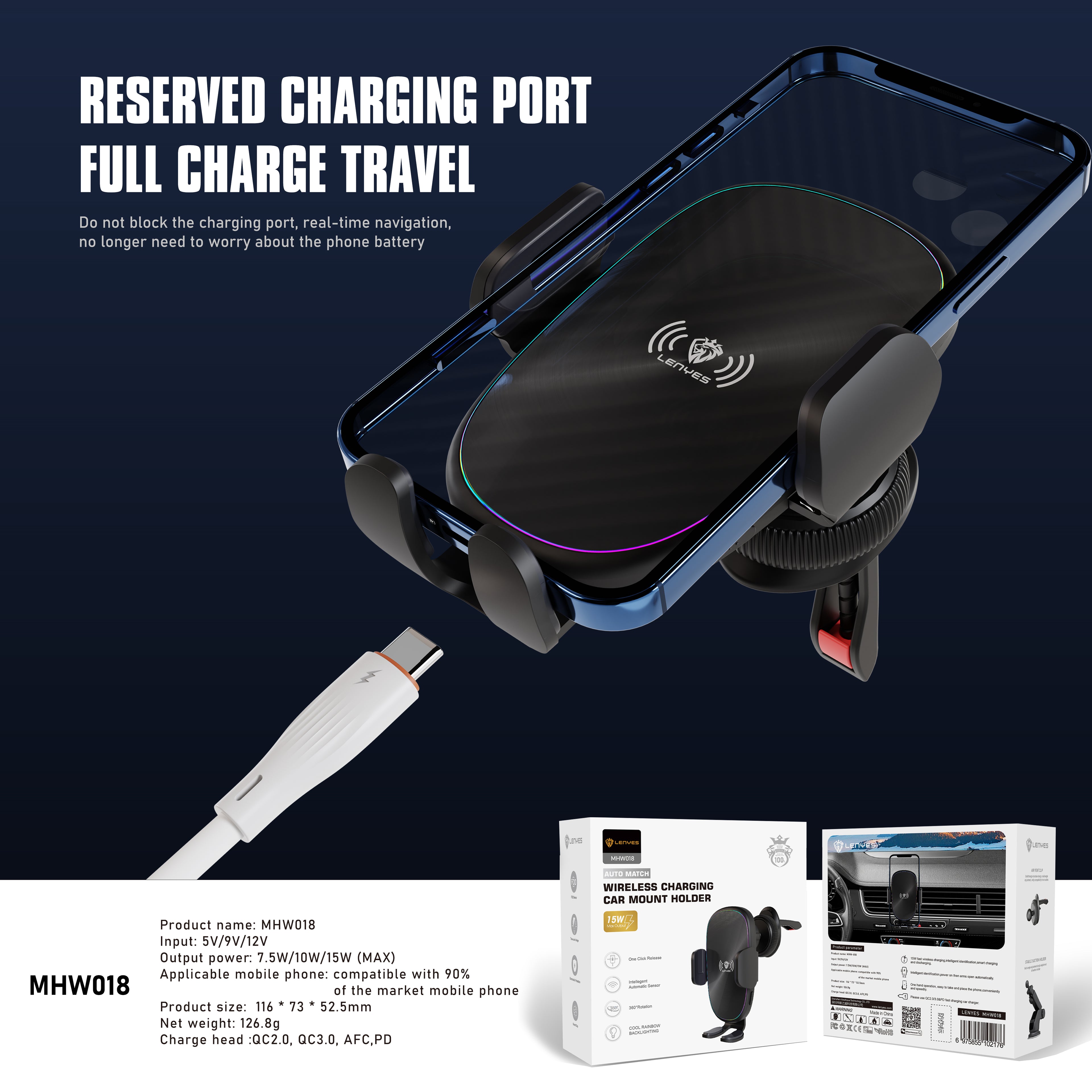 LENYES MHW018 Soporte Coche Carga Inalámbrica 15W Automático RGB Negro