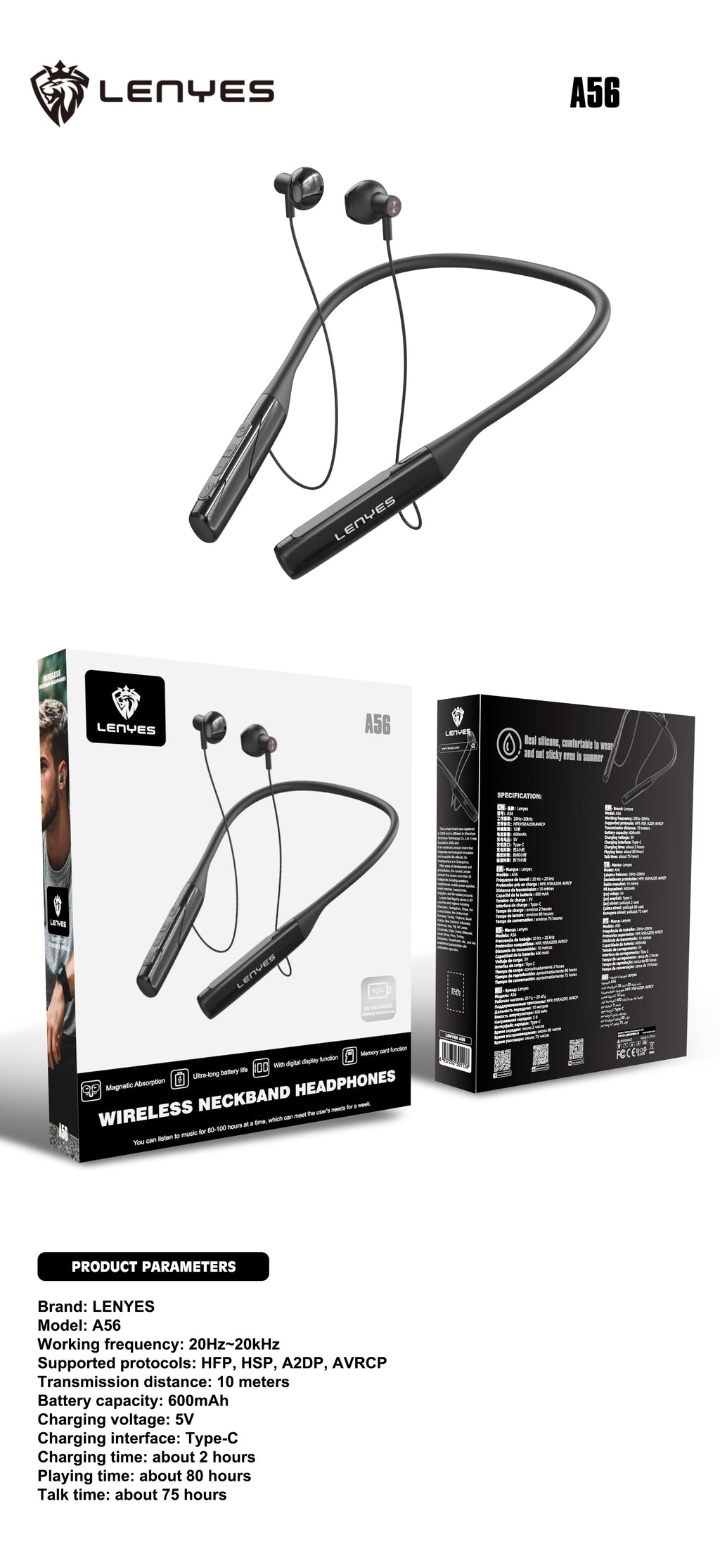 LENYES A56 Auriculares Inalámbricos Bluetooth de Banda para el Cuello 80 Horas