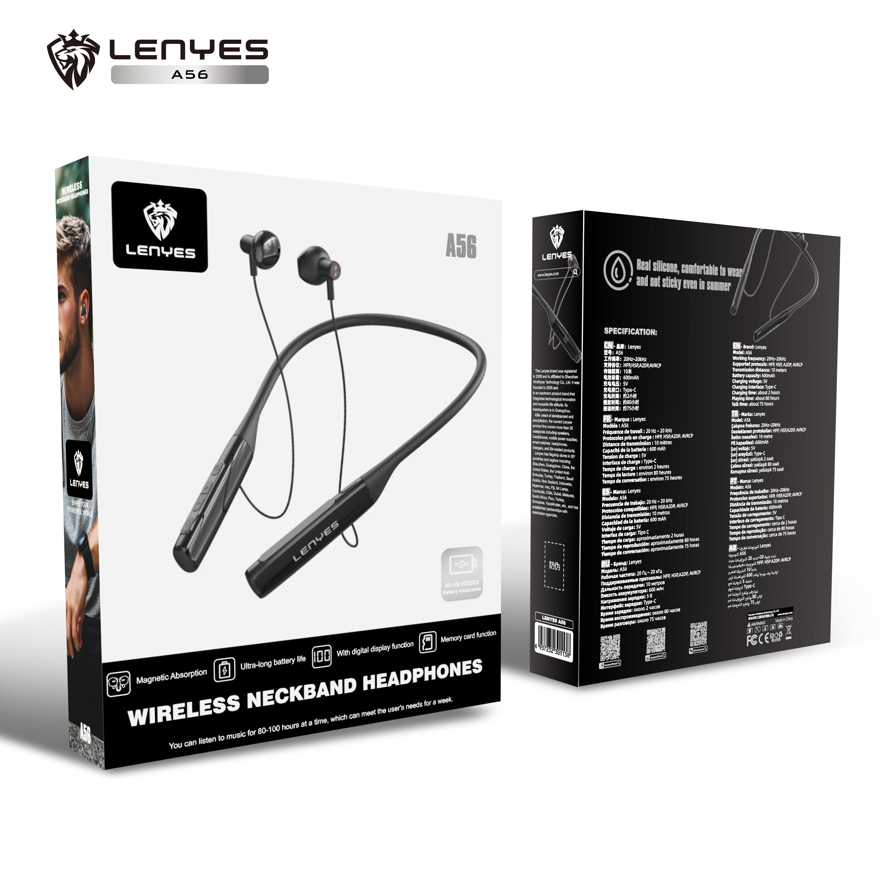 LENYES A56 Auriculares Inalámbricos Bluetooth de Banda para el Cuello 80 Horas