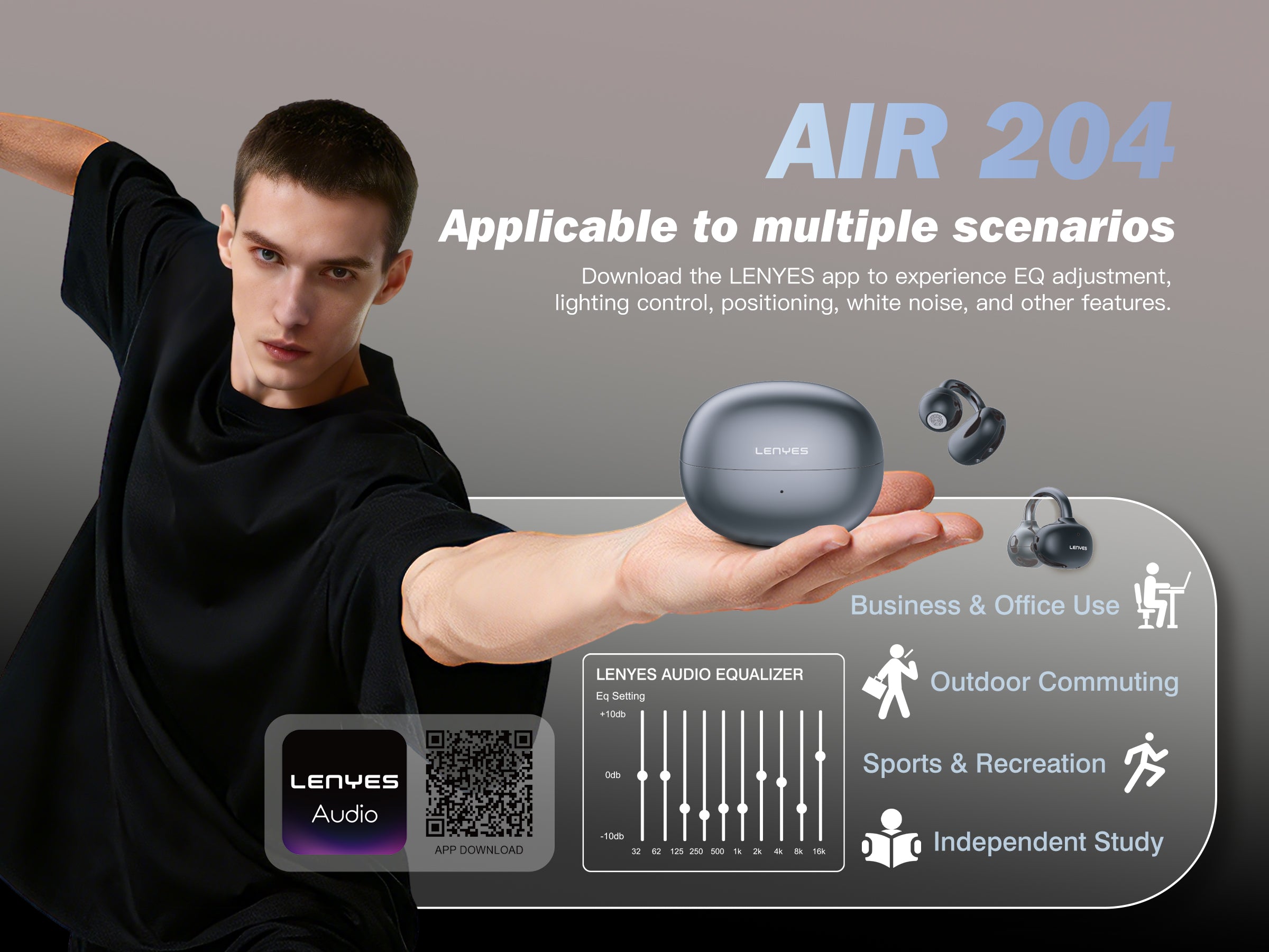 LENYES AIR 204 Auriculares OWS Clip-On Bluetooth 6.0 Open-Ear 4.5H App Audio Negro