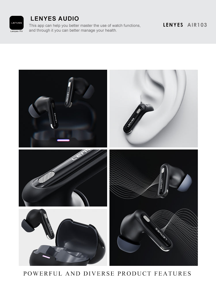 LENYES AIR 103 BLACK Auriculares Bluetooth 5.4 TWS con Cancelación de Ruido ANC+ENC 28dB - Sonido 360°