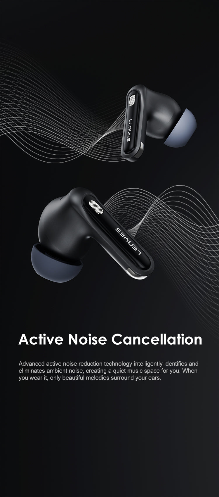 LENYES AIR 103 BLACK Auriculares Bluetooth 5.4 TWS con Cancelación de Ruido ANC+ENC 28dB - Sonido 360°
