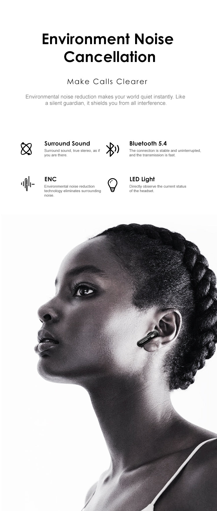 LENYES AIR 103 BLACK Auriculares Bluetooth 5.4 TWS con Cancelación de Ruido ANC+ENC 28dB - Sonido 360°