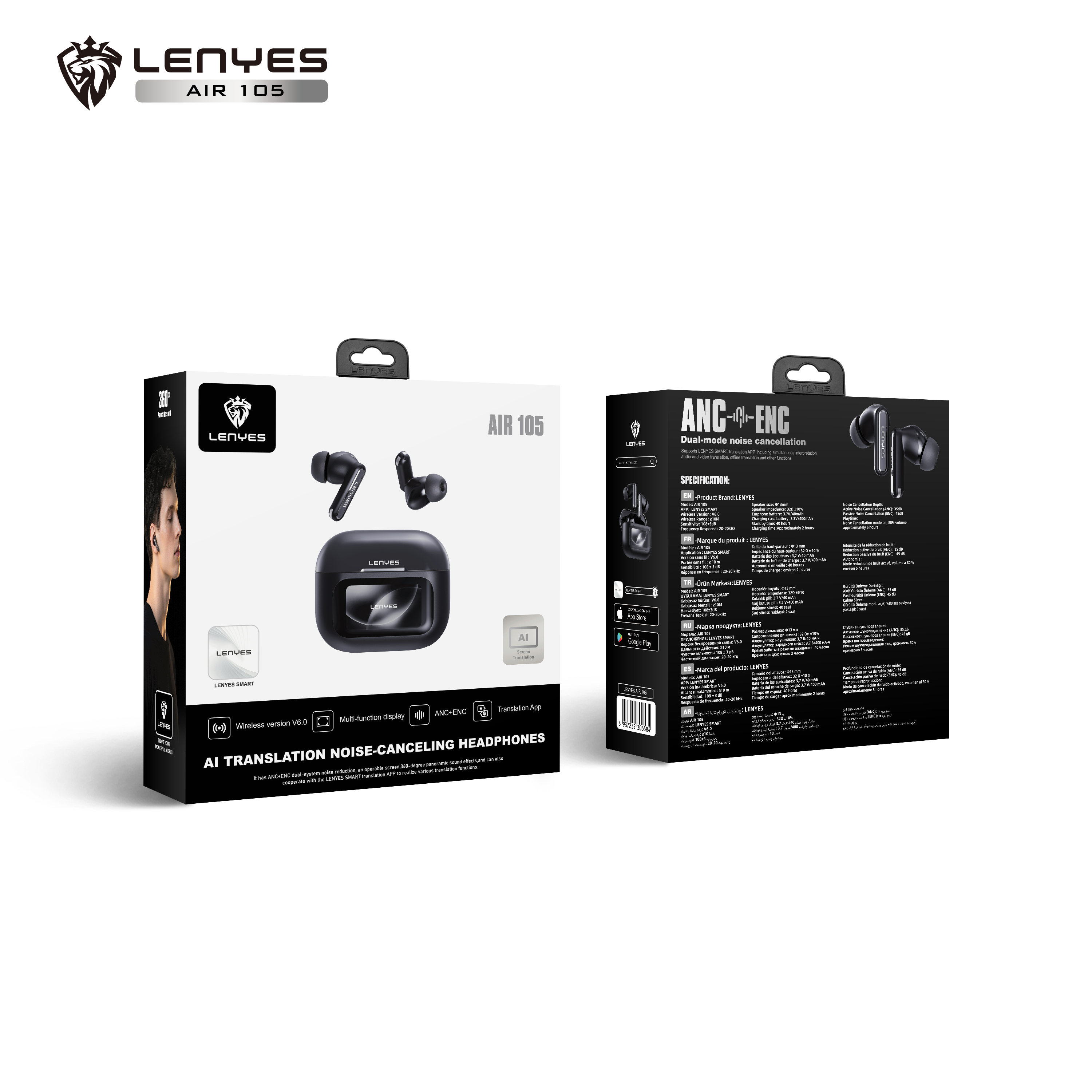 LENYES AIR 105 AI Auriculares TWS Traducción IA ANC 35dB Pantalla Táctil Negro