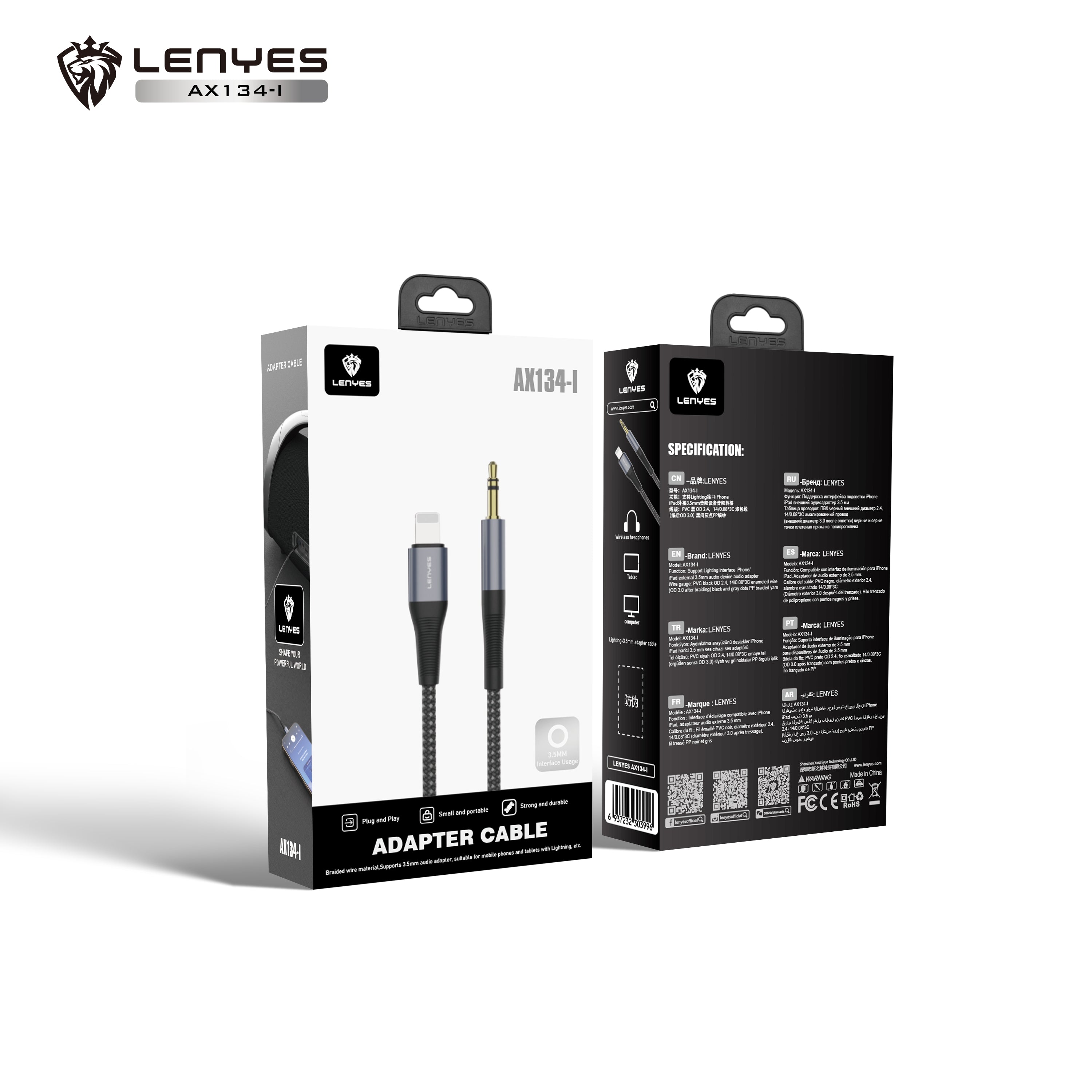 AX134-I Cable lightning a DC3.5 M/M -negro Lenyes