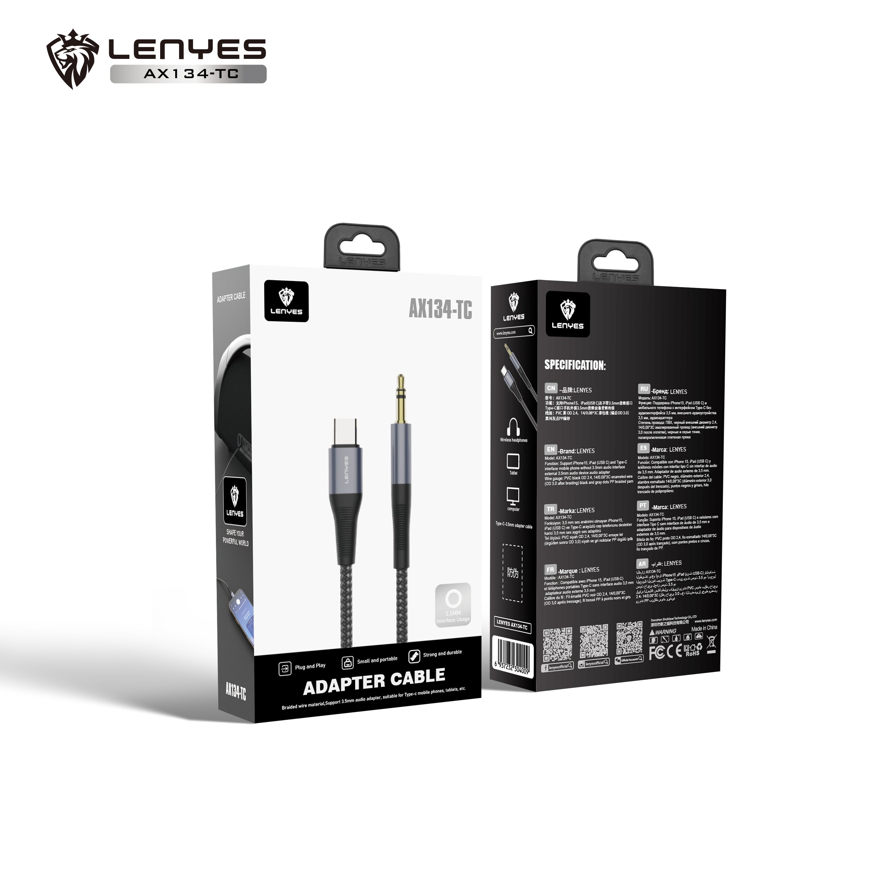 AX134-TC Cable Tipo-C a DC3.5 M/M -negro Lenyes