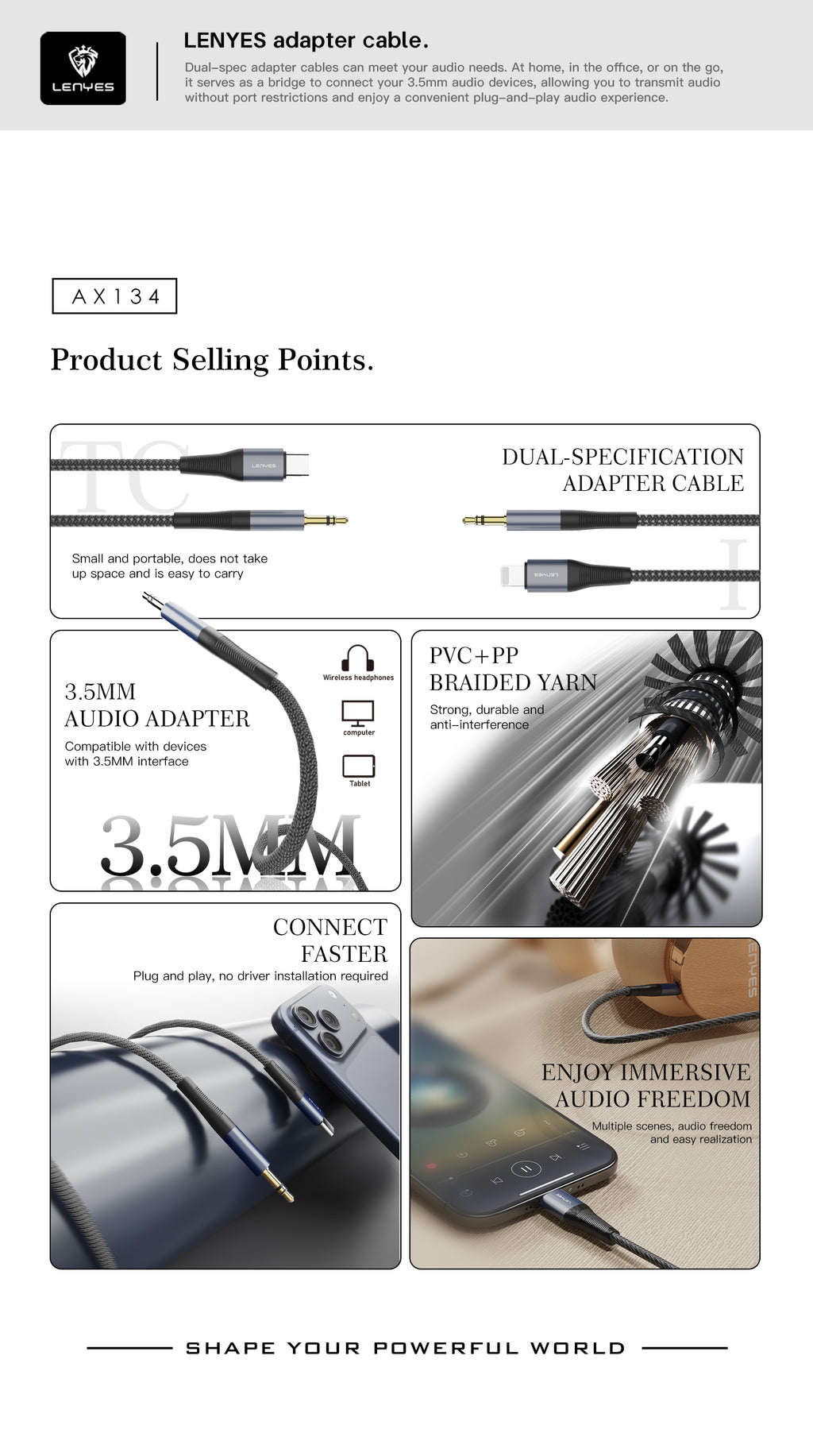 AX134-I Cable lightning a DC3.5 M/M -negro Lenyes