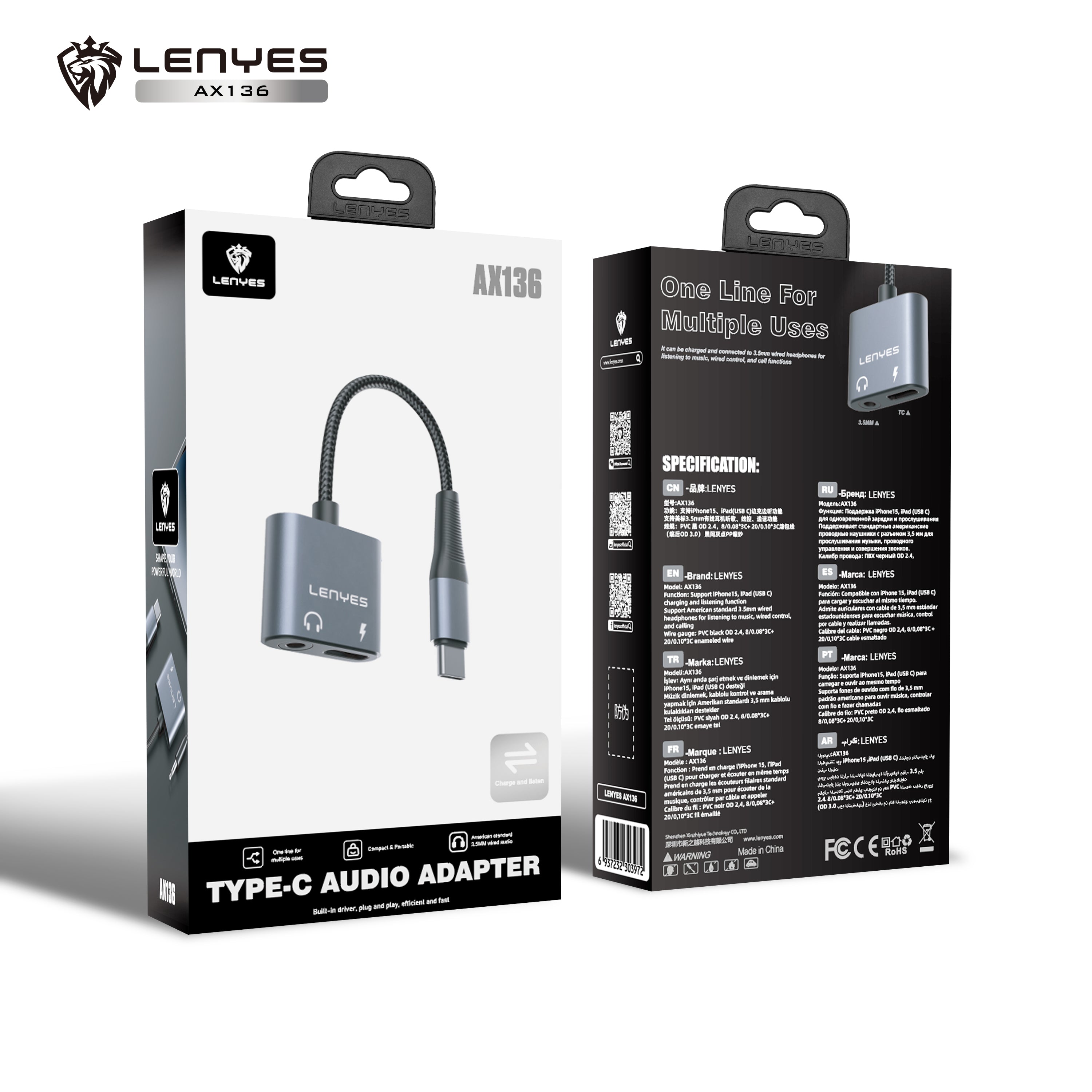 AX136 Adaptador auriculares DC3.5/Tipo-C -Lenyes