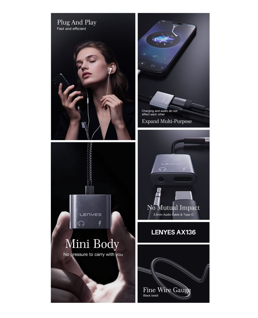 AX136 Adaptador auriculares DC3.5/Tipo-C -Lenyes