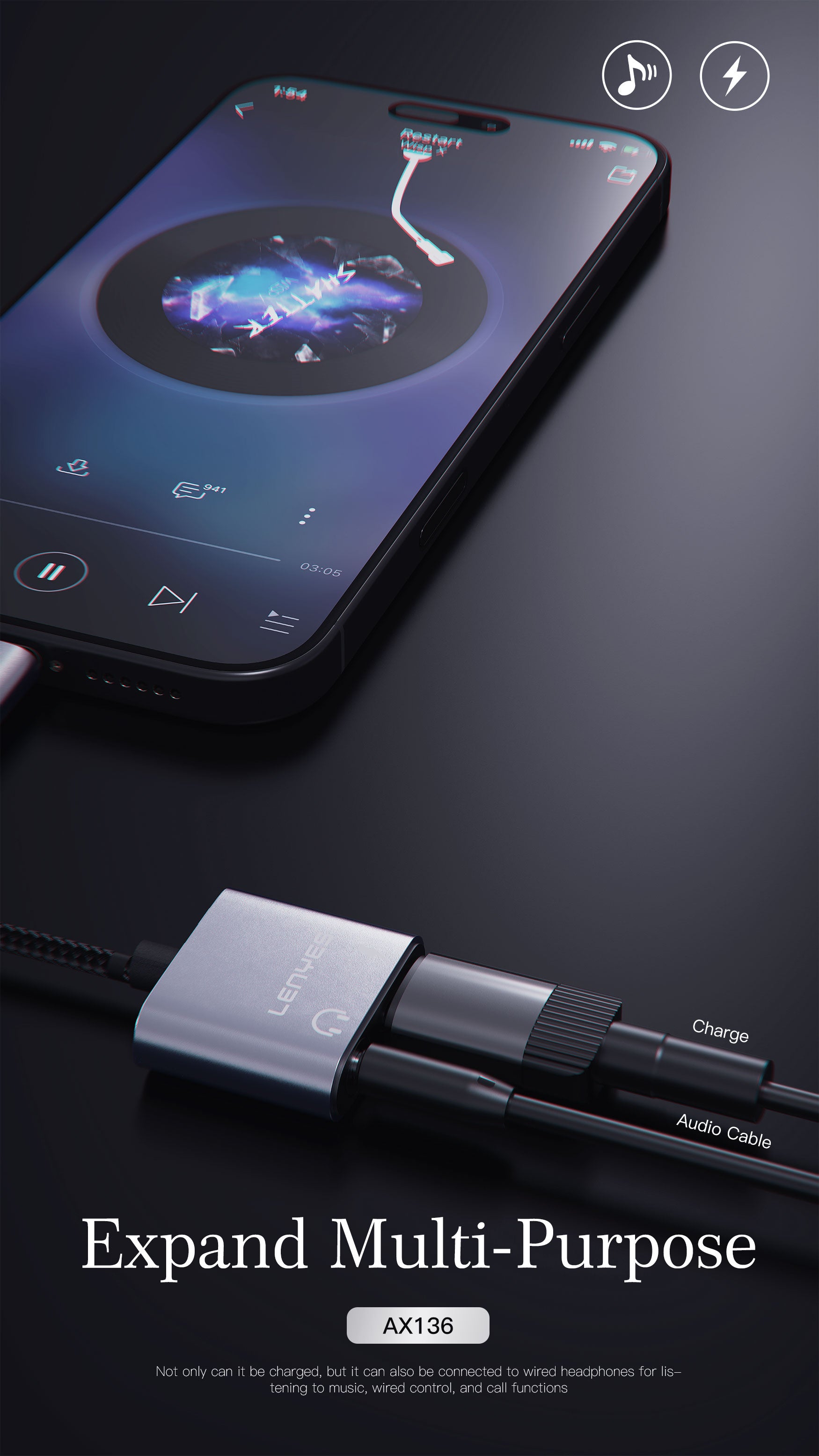 AX136 Adaptador auriculares DC3.5/Tipo-C -Lenyes