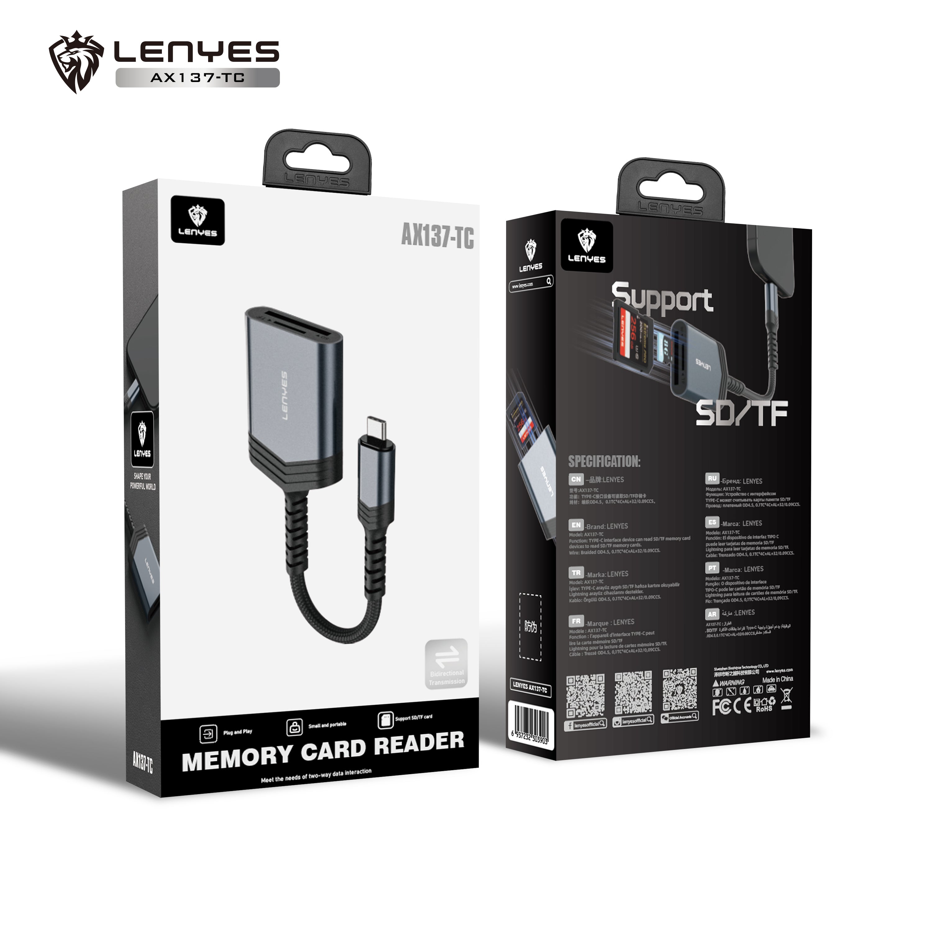 LENYES AX137-TC Lector Tarjetas SD/TF USB-C Android Aluminio