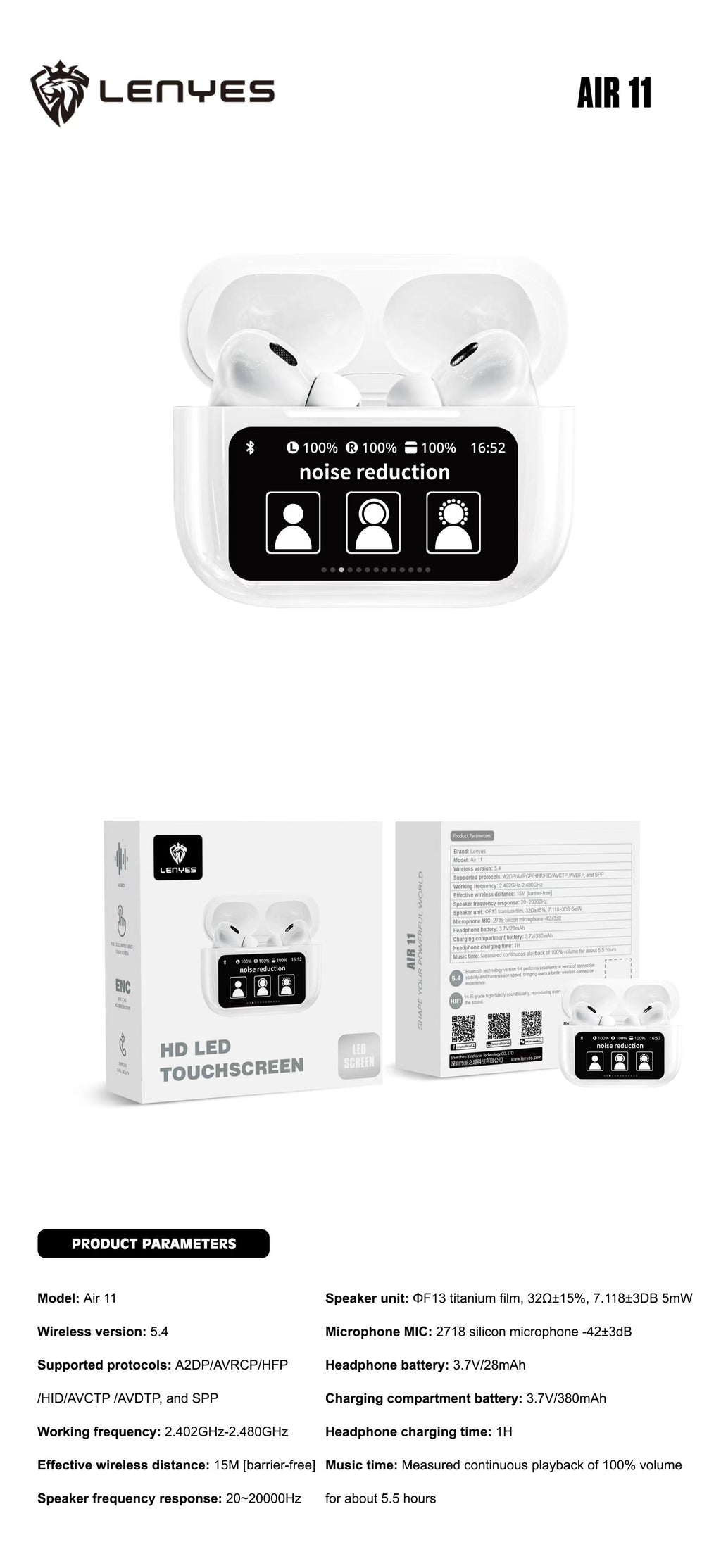 LENYES AIR 11 Auriculares TWS Bluetooth 5.4 Pantalla Táctil LED ENC Blanco