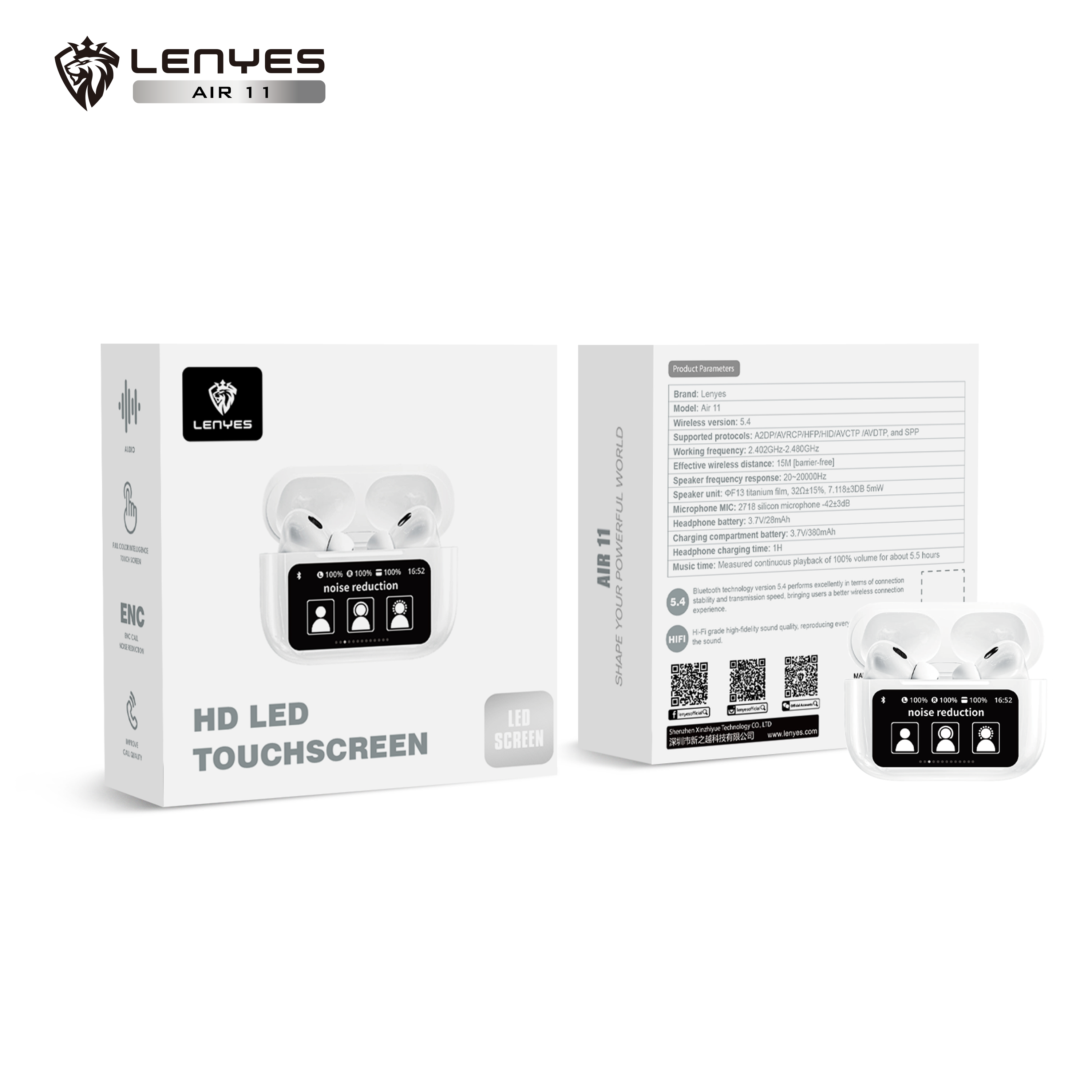 LENYES AIR 11 Auriculares TWS Bluetooth 5.4 Pantalla Táctil LED ENC Blanco