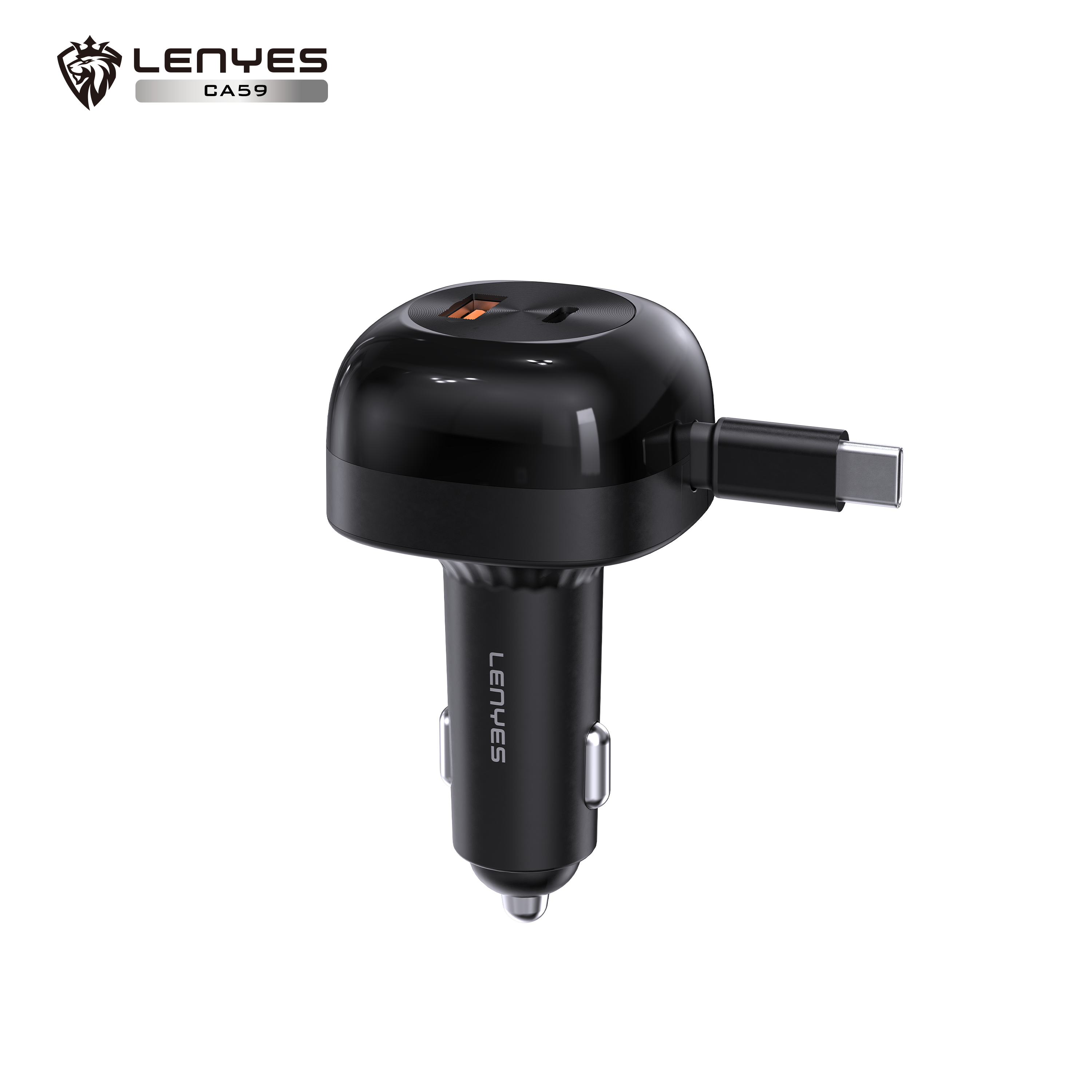 LENYES CA59 Cargador Coche 60W Cable Retráctil USB-C 3 Puertos PD30W Negro