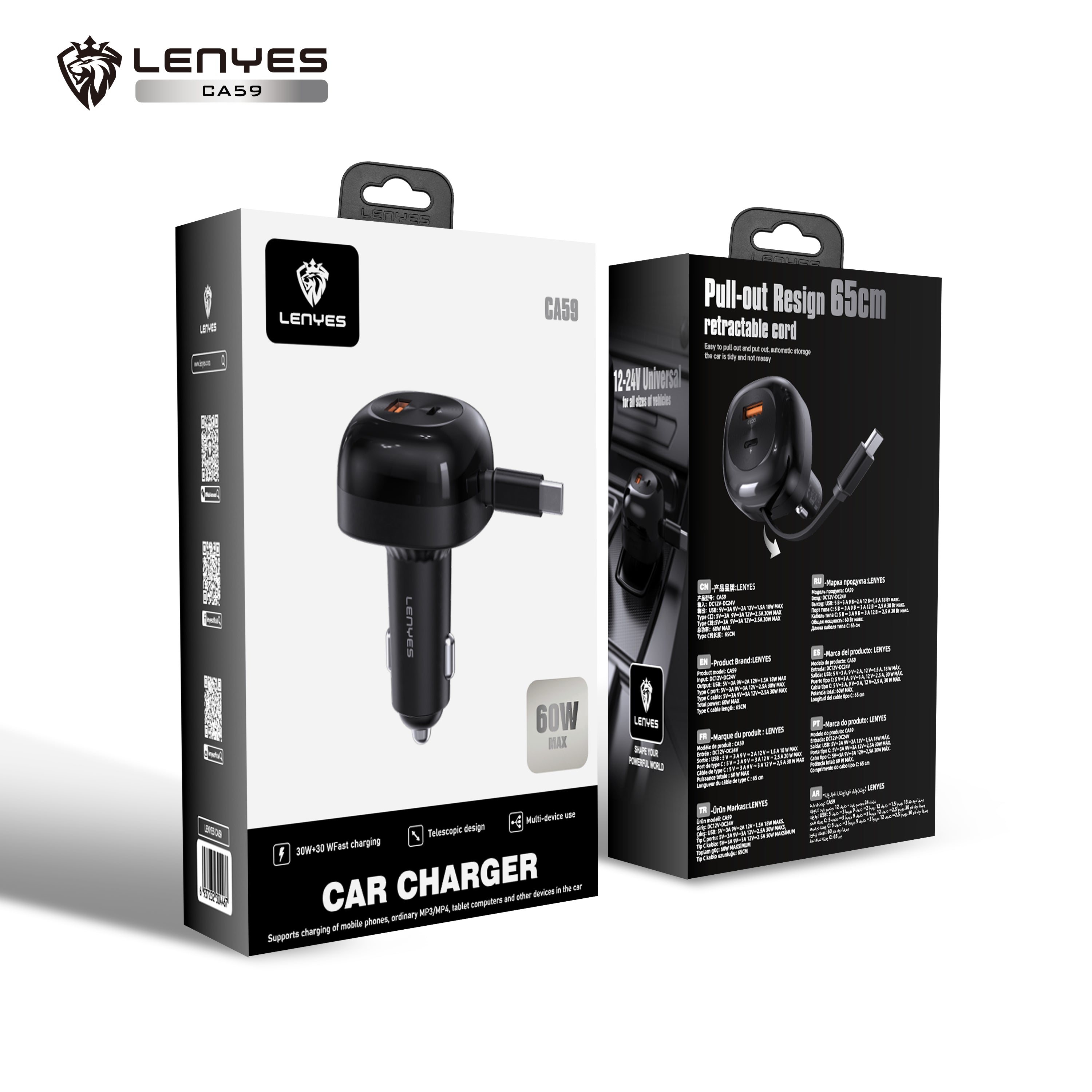 LENYES CA59 Cargador Coche 60W Cable Retráctil USB-C 3 Puertos PD30W Negro