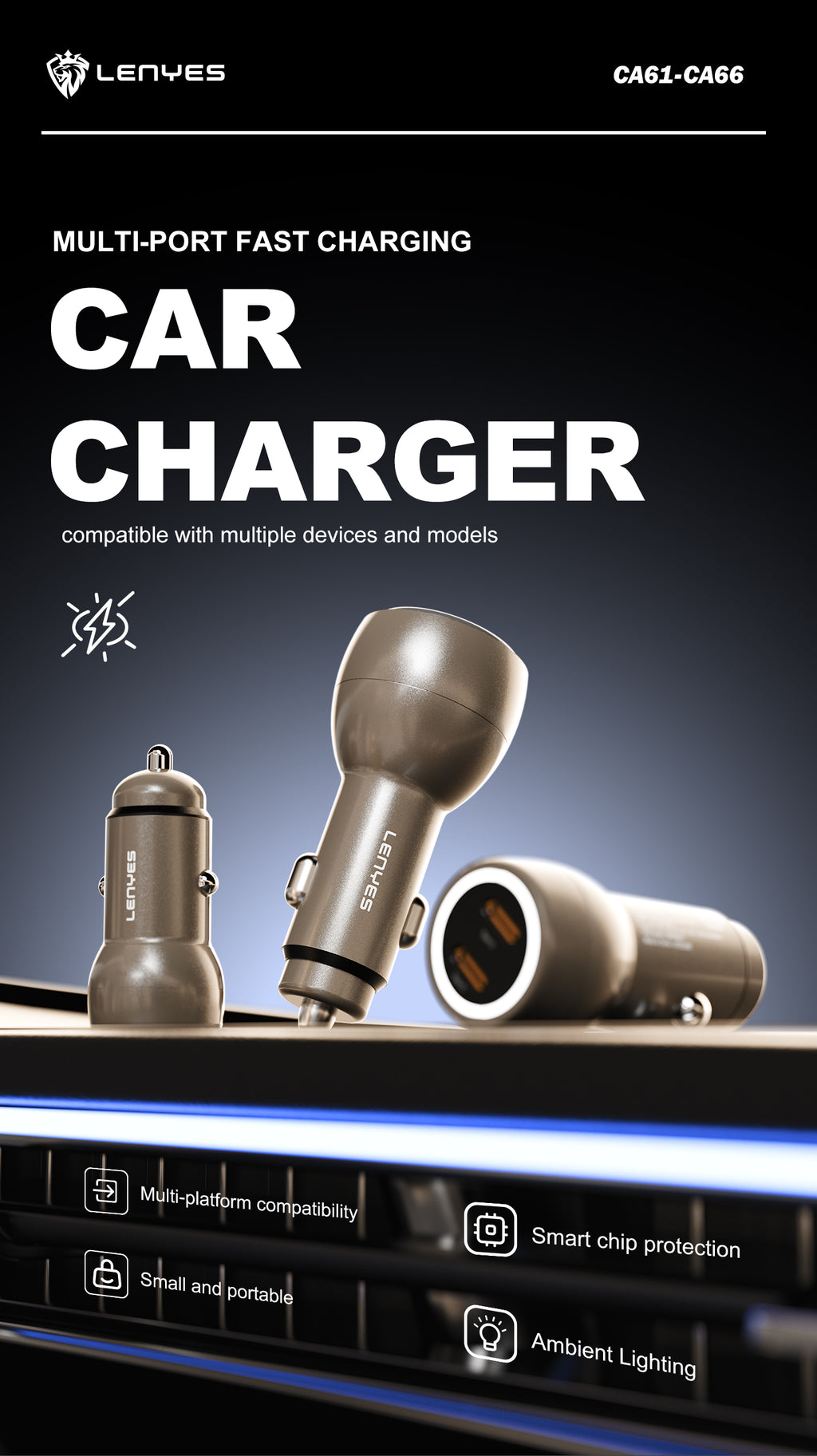 LENYES CA64 Cargador Coche 95W 3 Puertos USB-C PD65W Metálico LED Dorado