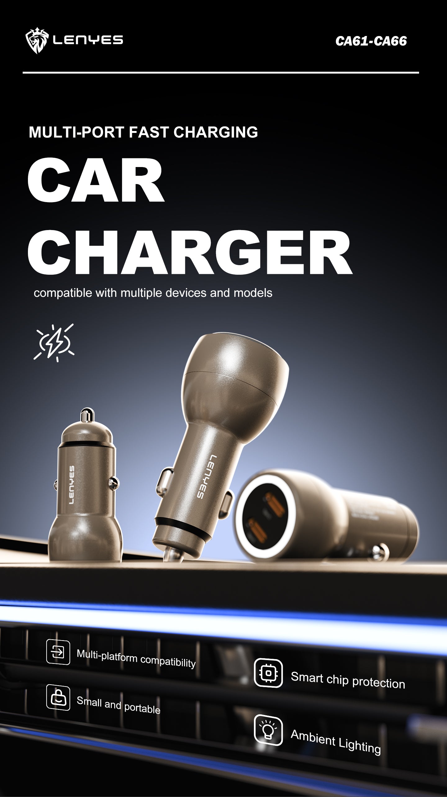 LENYES CA64 Cargador Coche 95W 3 Puertos USB-C PD65W Metálico LED Dorado