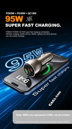 LENYES CA66 Cargador Coche 95W 3 Puertos USB-C PD65W Metálico LED Dorado