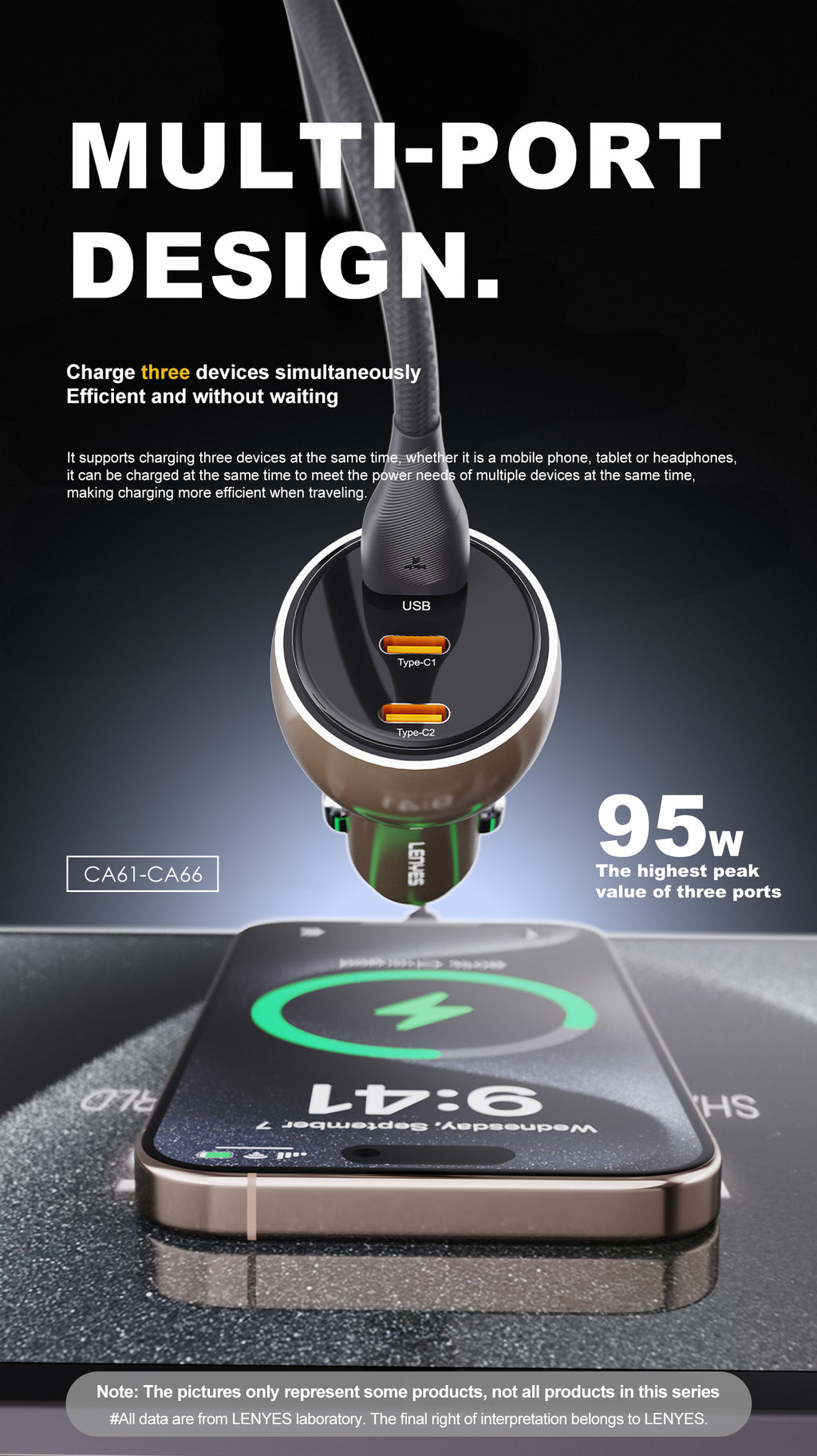 LENYES CA66 Cargador Coche 95W 3 Puertos USB-C PD65W Metálico LED Dorado