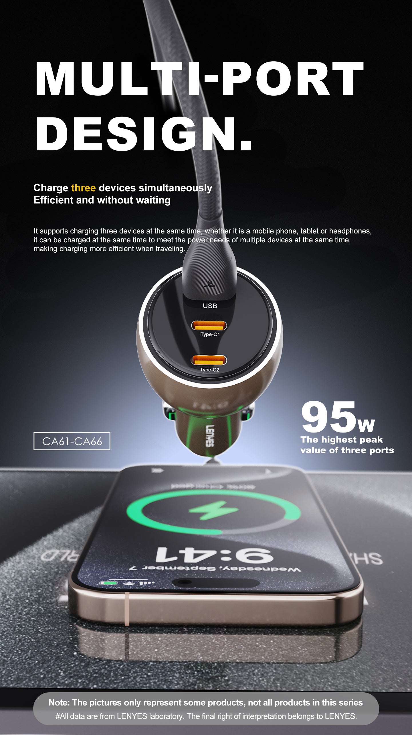 LENYES CA64 Cargador Coche 95W 3 Puertos USB-C PD65W Metálico LED Dorado