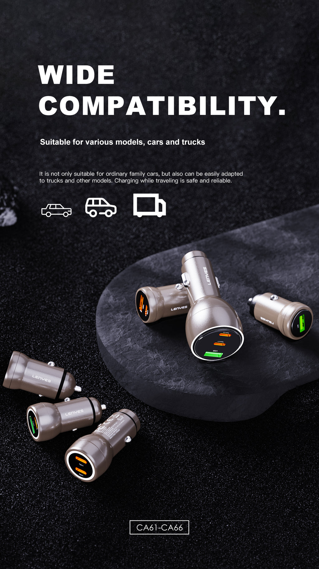 LENYES CA66 Cargador Coche 95W 3 Puertos USB-C PD65W Metálico LED Dorado
