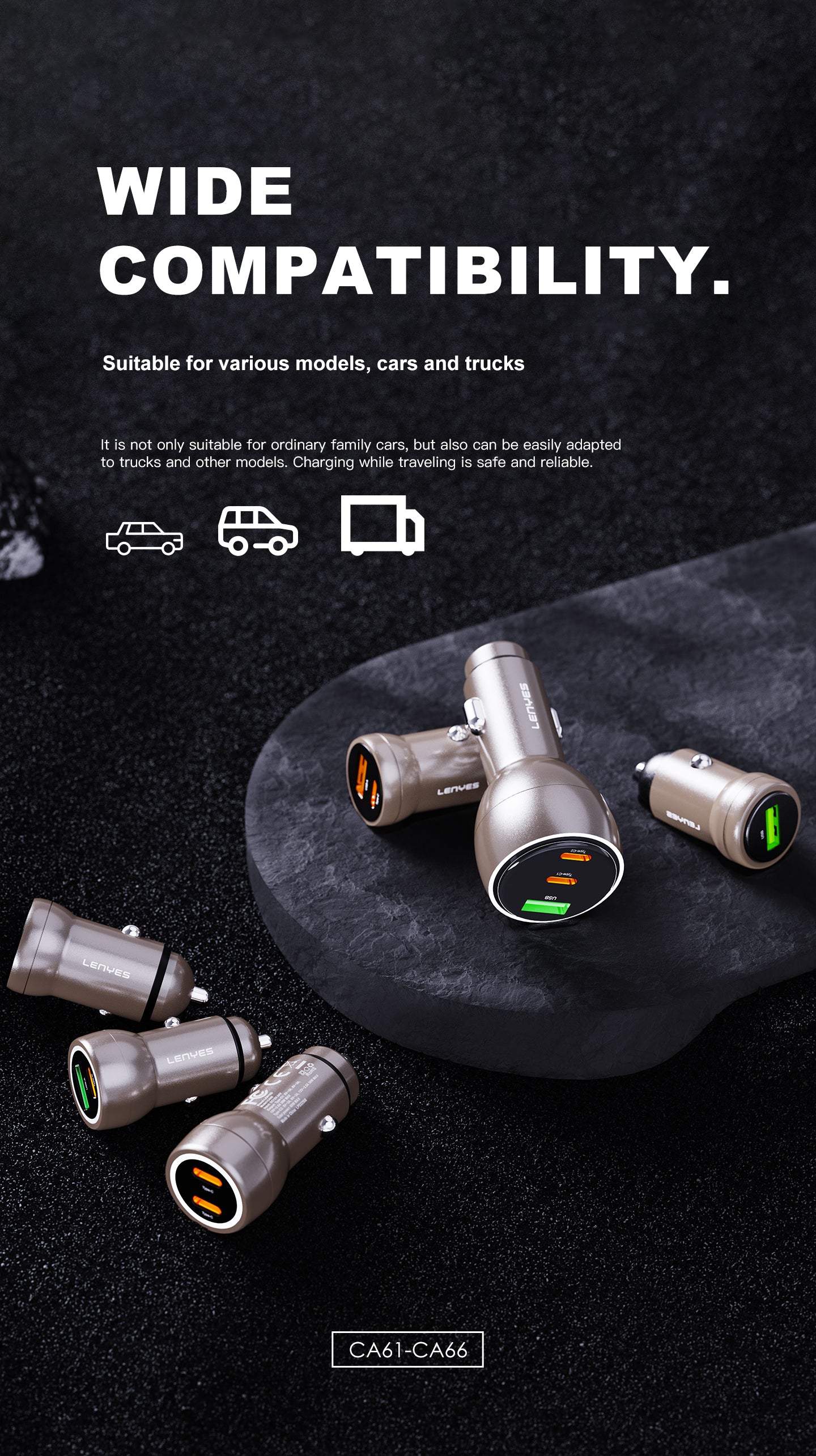 LENYES CA66 Cargador Coche 95W 3 Puertos USB-C PD65W Metálico LED Dorado