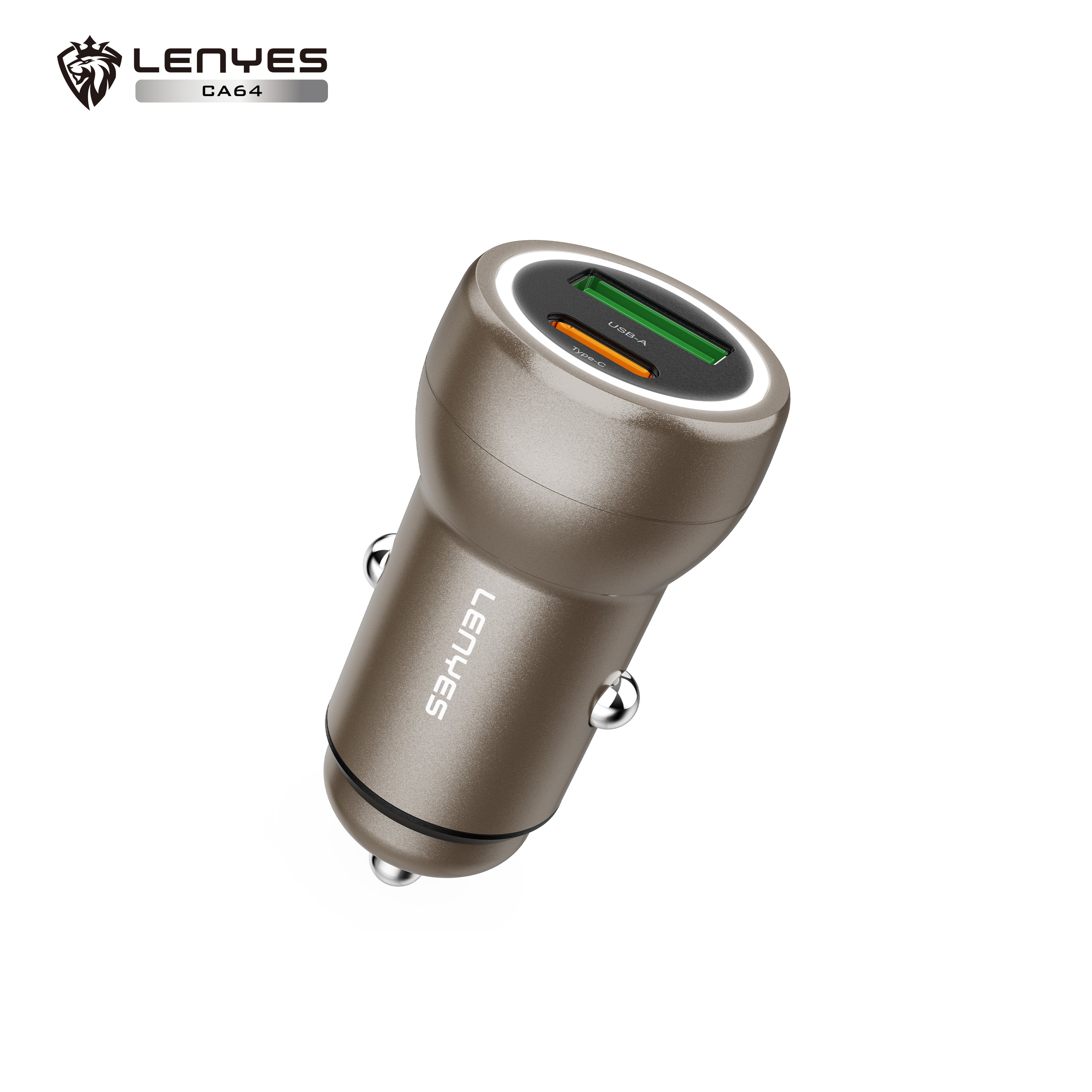 LENYES CA64 Cargador Coche 95W 3 Puertos USB-C PD65W Metálico LED Dorado