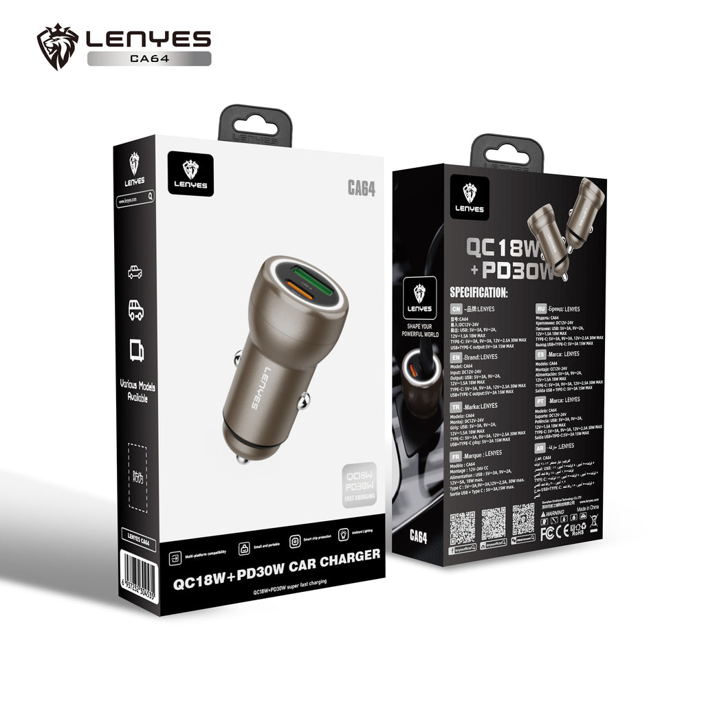 LENYES CA64 Cargador Coche 95W 3 Puertos USB-C PD65W Metálico LED Dorado