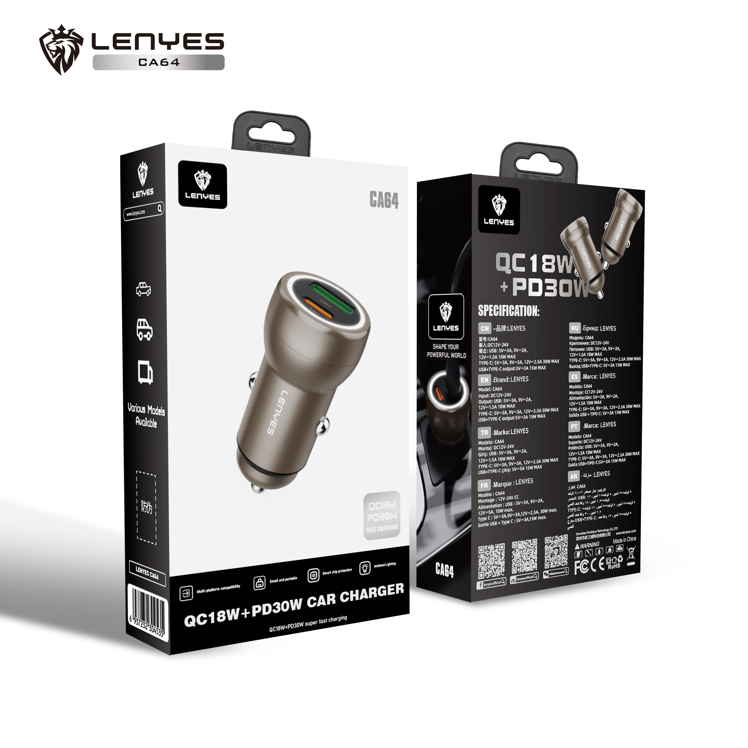 LENYES CA64 Cargador Coche 95W 3 Puertos USB-C PD65W Metálico LED Dorado