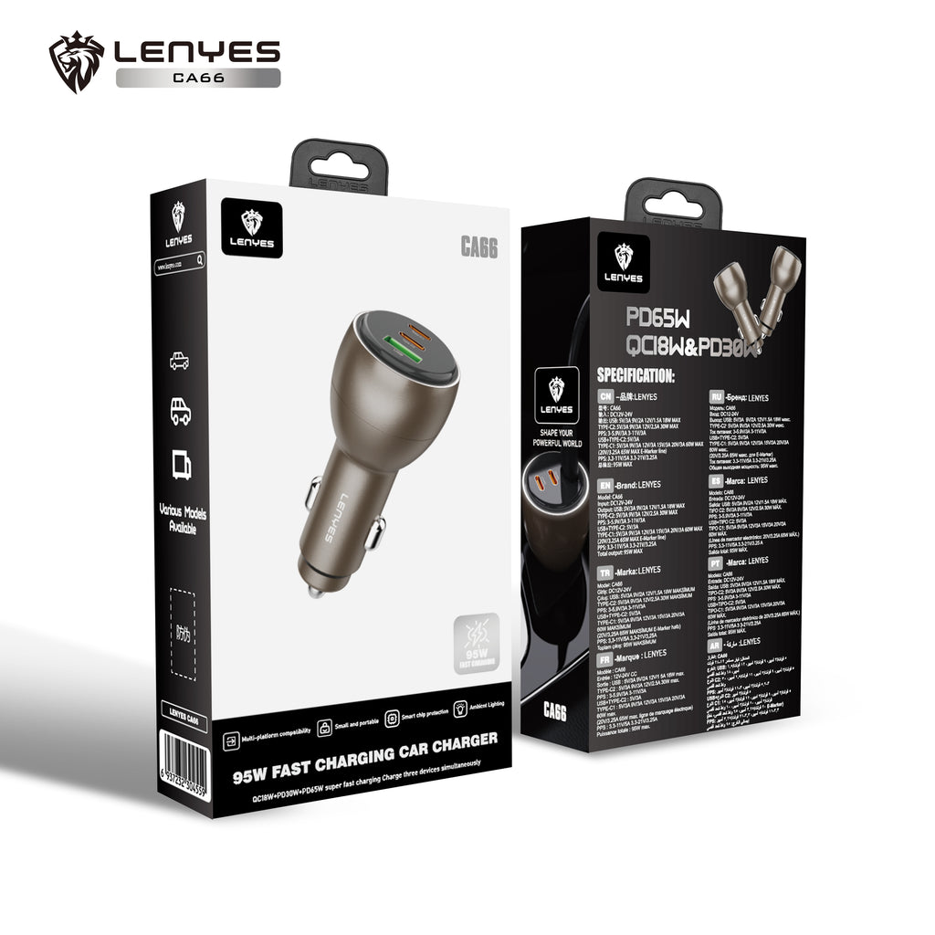 LENYES CA66 Cargador Coche 95W 3 Puertos USB-C PD65W Metálico LED Dorado