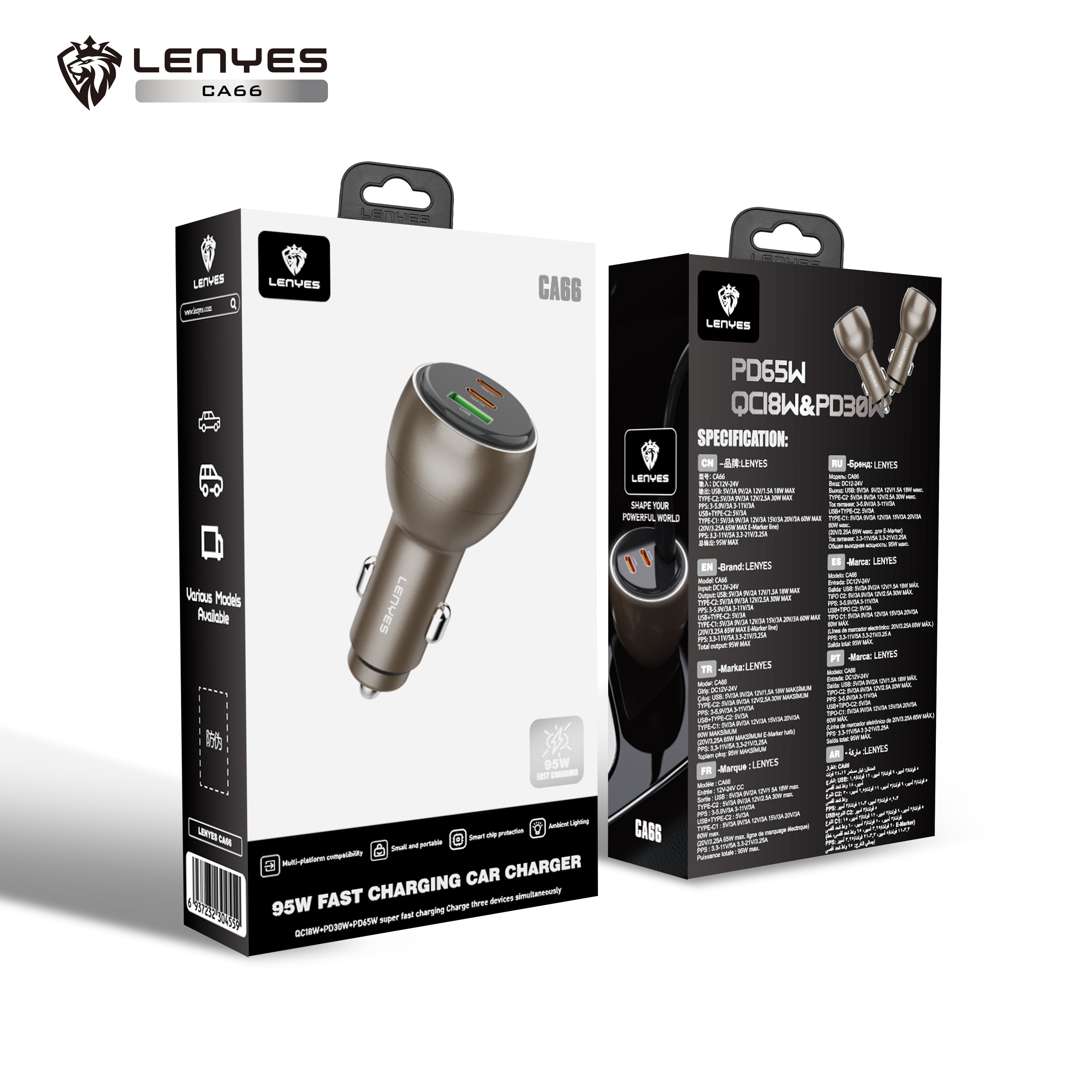 LENYES CA66 Cargador Coche 95W 3 Puertos USB-C PD65W Metálico LED Dorado