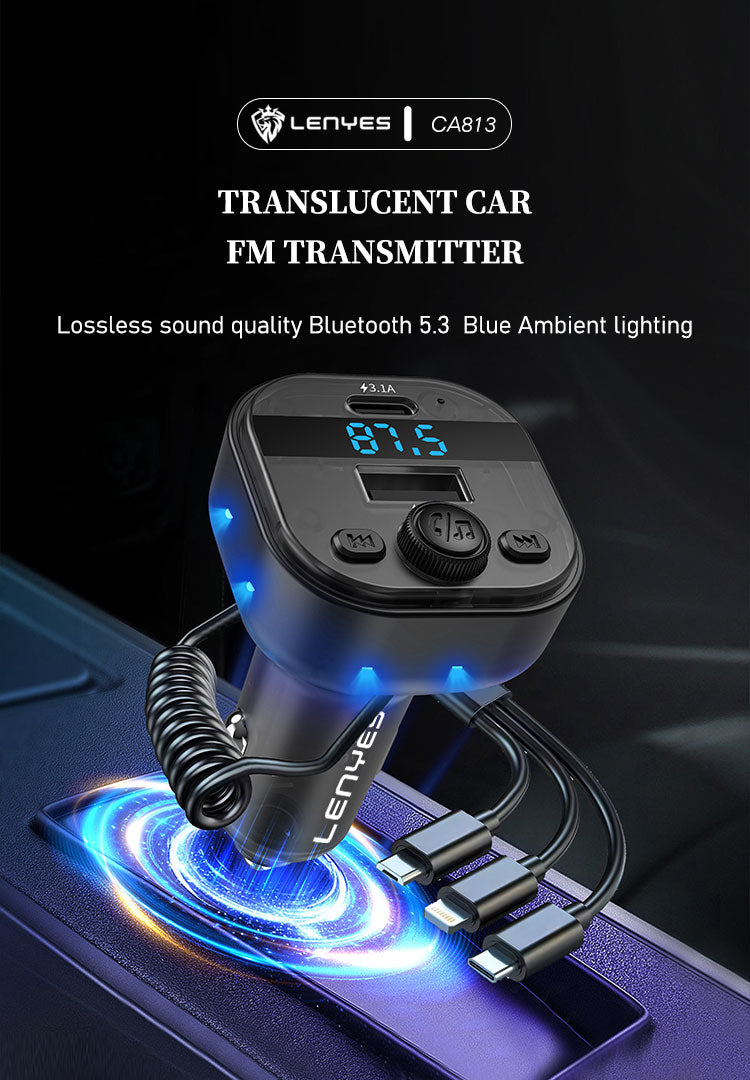 LENYES CA813 Transmisor FM Coche Bluetooth 5.3 Cable 3en1 Carga Rápida Negro