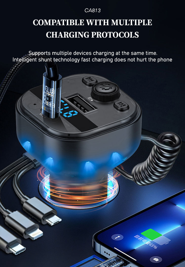 LENYES CA813 Transmisor FM Coche Bluetooth 5.3 Cable 3en1 Carga Rápida Negro
