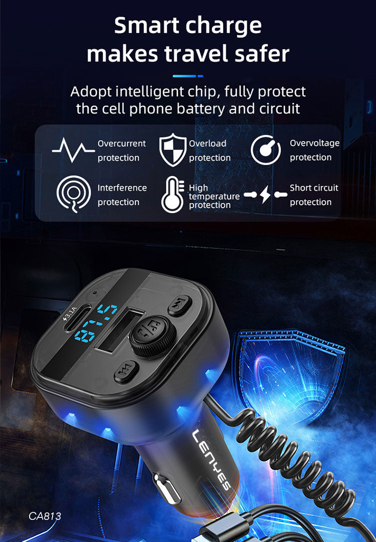 LENYES CA813 Transmisor FM Coche Bluetooth 5.3 Cable 3en1 Carga Rápida Negro