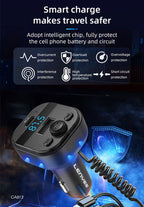 LENYES CA813 Transmisor FM Coche Bluetooth 5.3 Cable 3en1 Carga Rápida Negro
