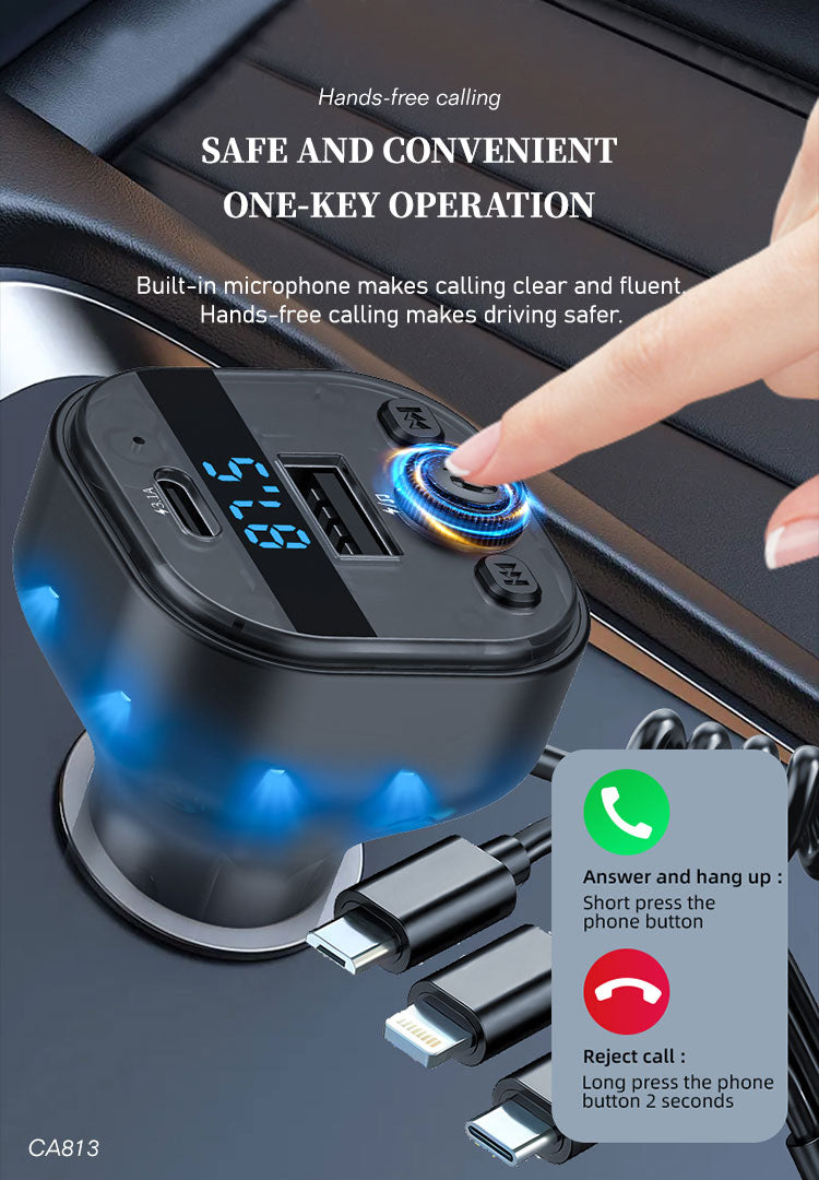 LENYES CA813 Transmisor FM Coche Bluetooth 5.3 Cable 3en1 Carga Rápida Negro